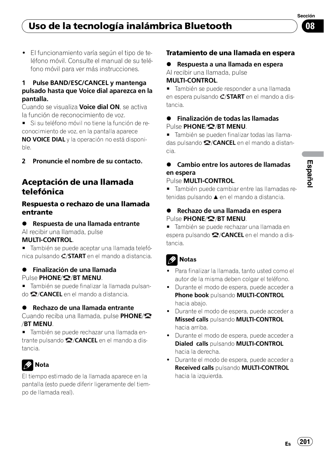 Pioneer DEH-P7100BT operation manual Aceptación de una llamada telefónica, Tratamiento de una llamada en espera, Español 