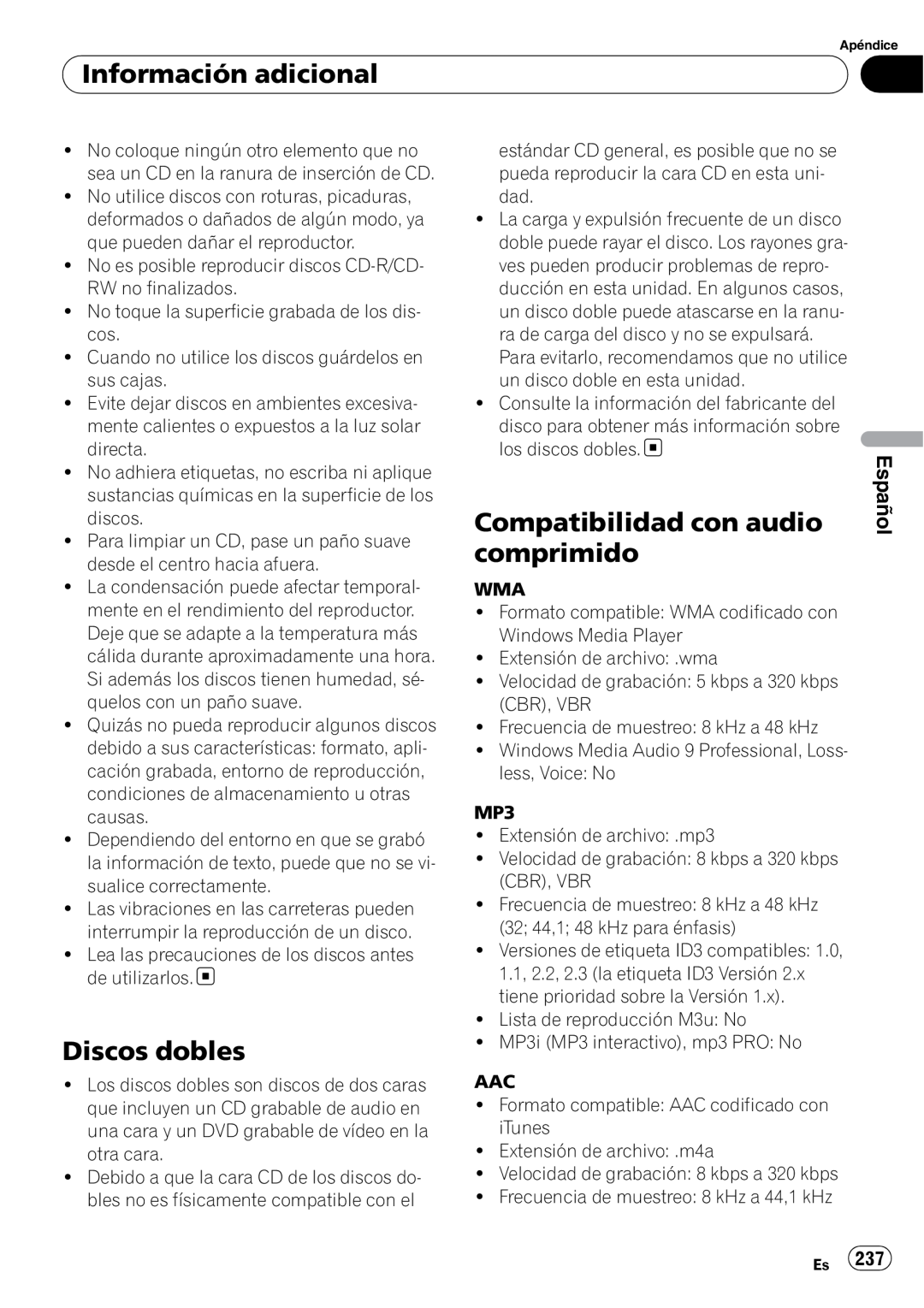 Pioneer DEH-P7100BT operation manual Discos dobles, Compatibilidad con audio comprimido, Información adicional, Español 