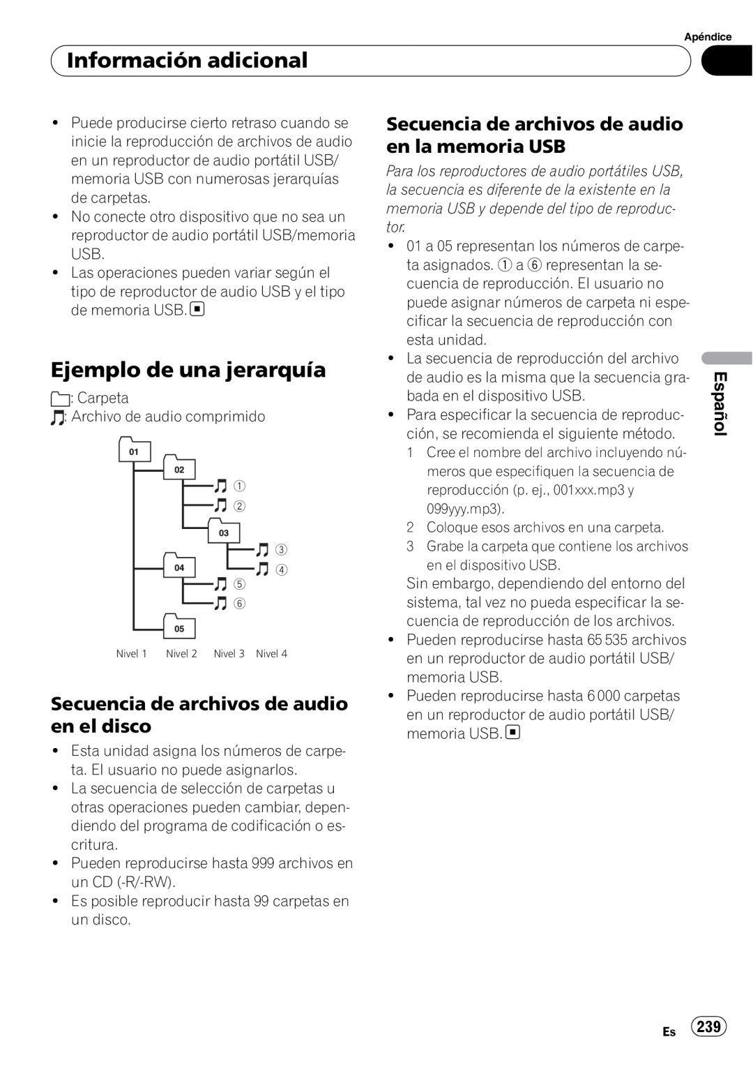 Pioneer DEH-P7100BT Ejemplo de una jerarquía, Secuencia de archivos de audio en el disco, Información adicional, Español 