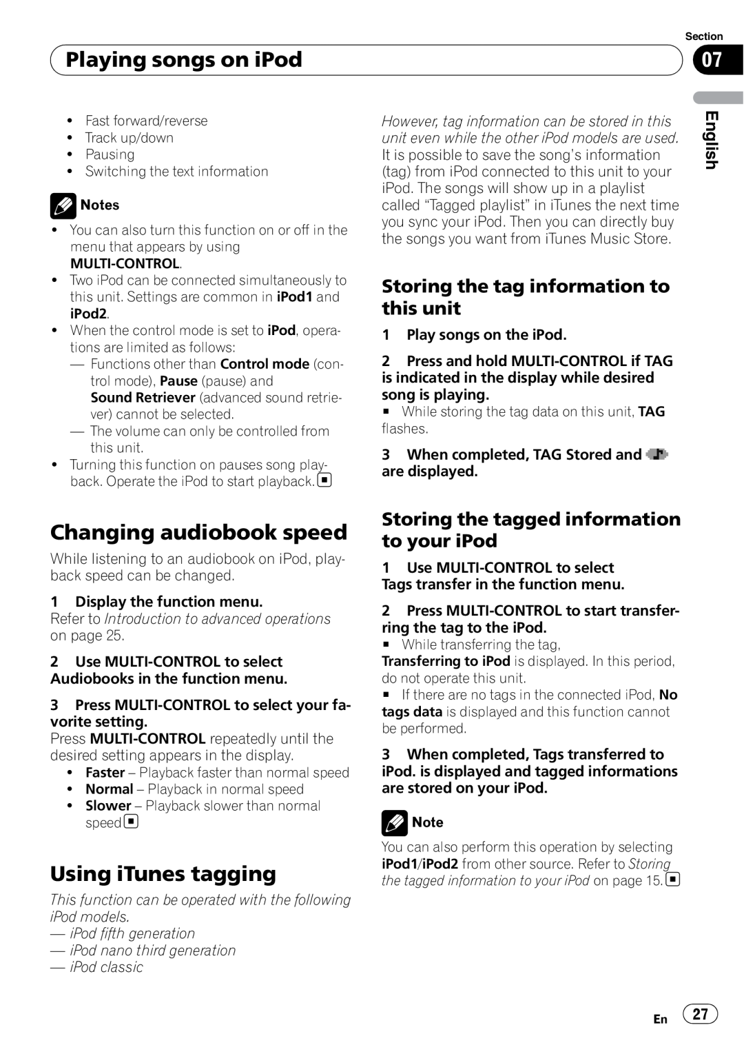Pioneer DEH-P7100BT operation manual Changing audiobook speed, Playing songs on iPod, Using iTunes tagging, English 