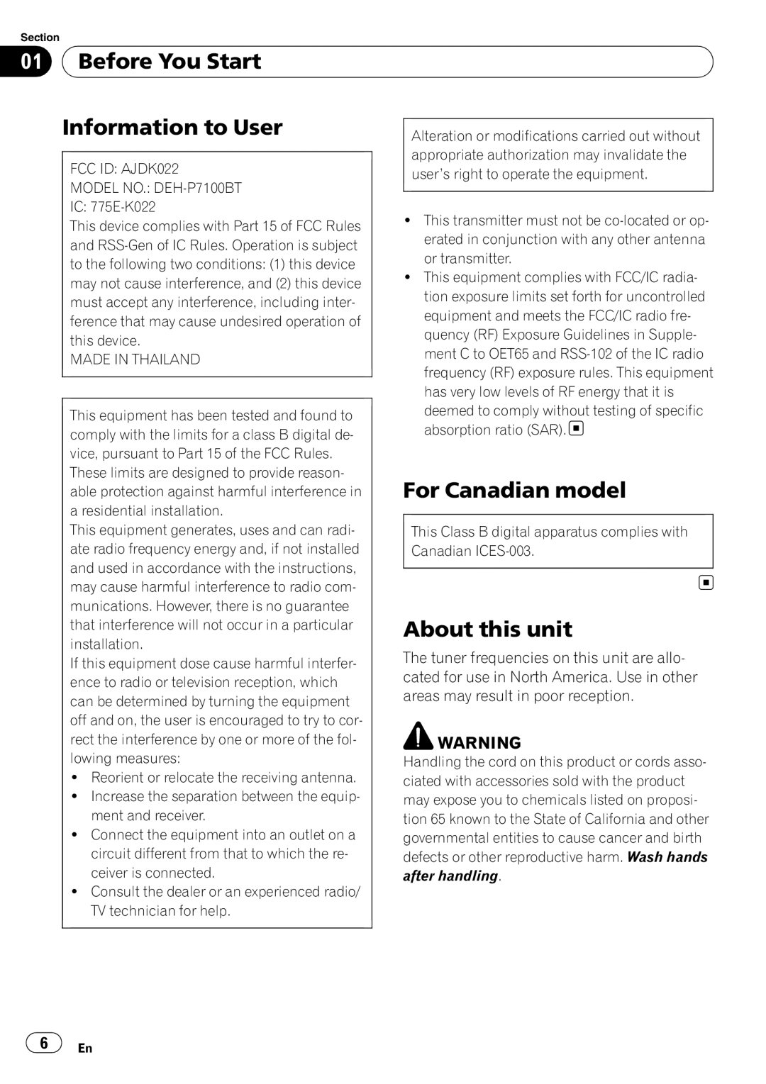 Pioneer DEH-P7100BT operation manual Before You Start, Information to User, For Canadian model, About this unit 