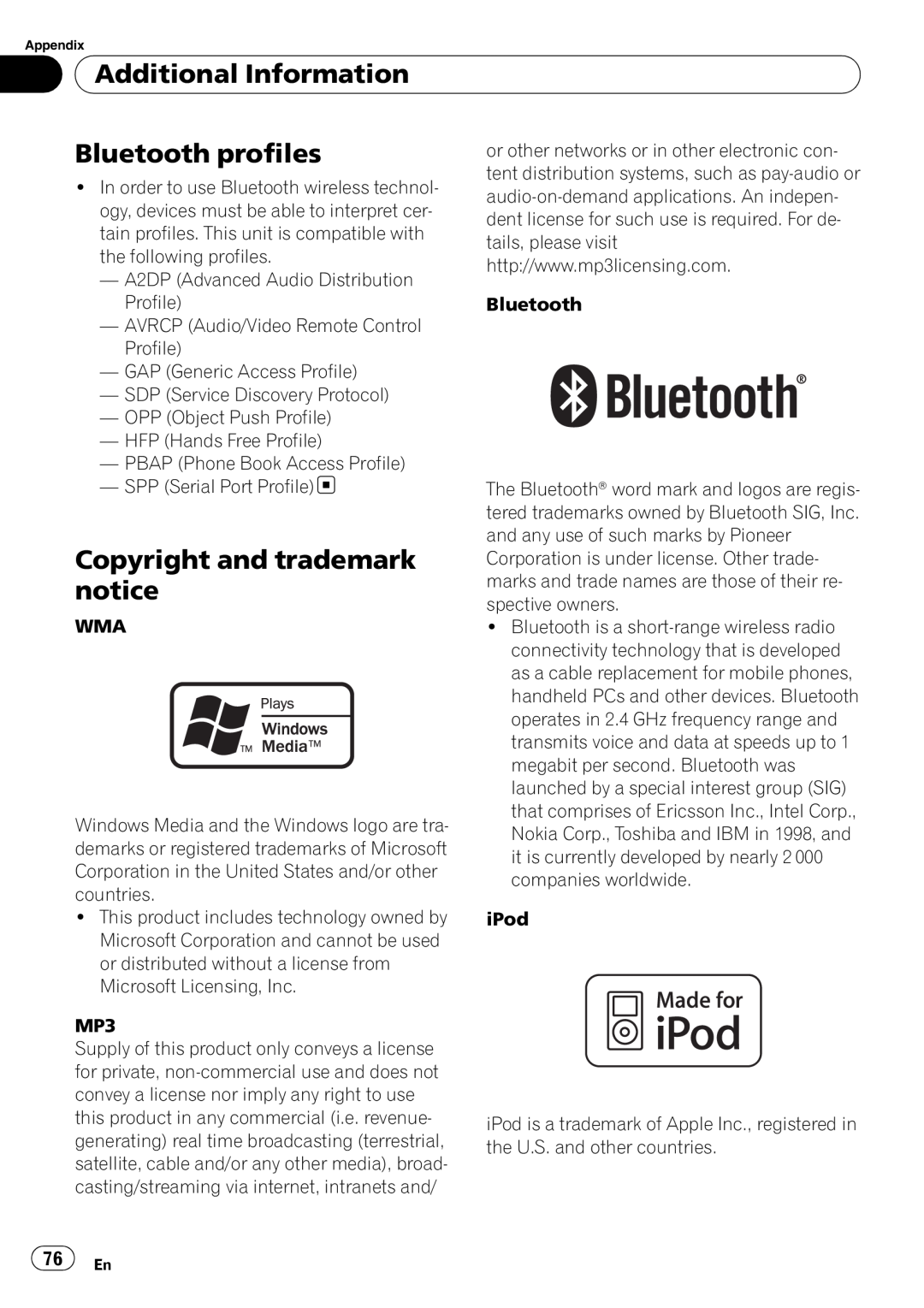 Pioneer DEH-P7100BT operation manual Bluetooth profiles, Copyright and trademark, notice, Additional Information 