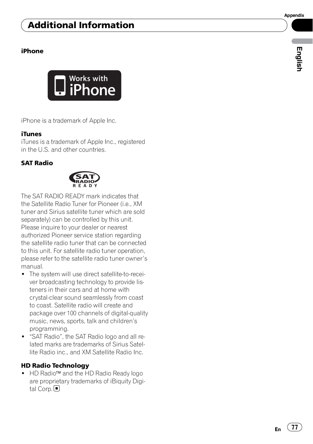 Pioneer DEH-P7100BT operation manual Additional Information, English, iPhone iPhone is a trademark of Apple Inc iTunes 