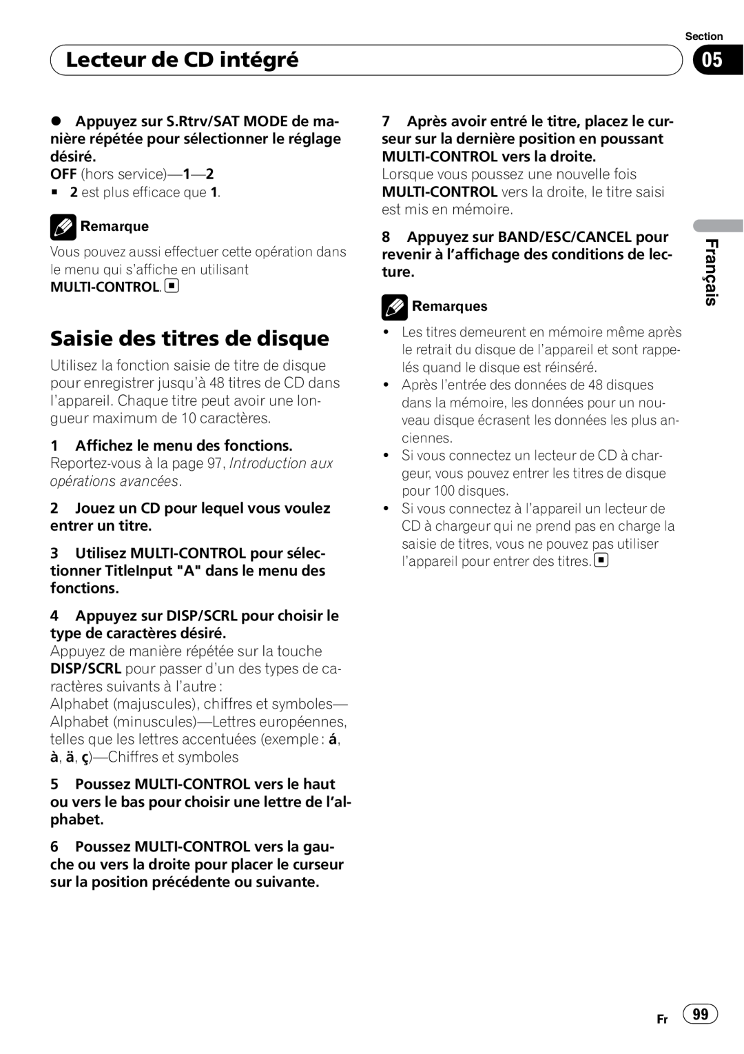 Pioneer DEH-P7100BT operation manual Saisie des titres de disque, Lecteur de CD intégré, Français 
