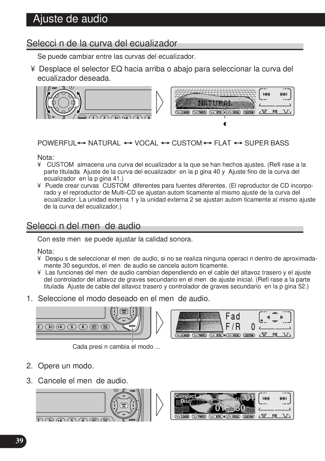 Pioneer DEH-P7100R, DEH-P6100R Ajuste de audio, Selección de la curva del ecualizador, Selección del menú de audio 