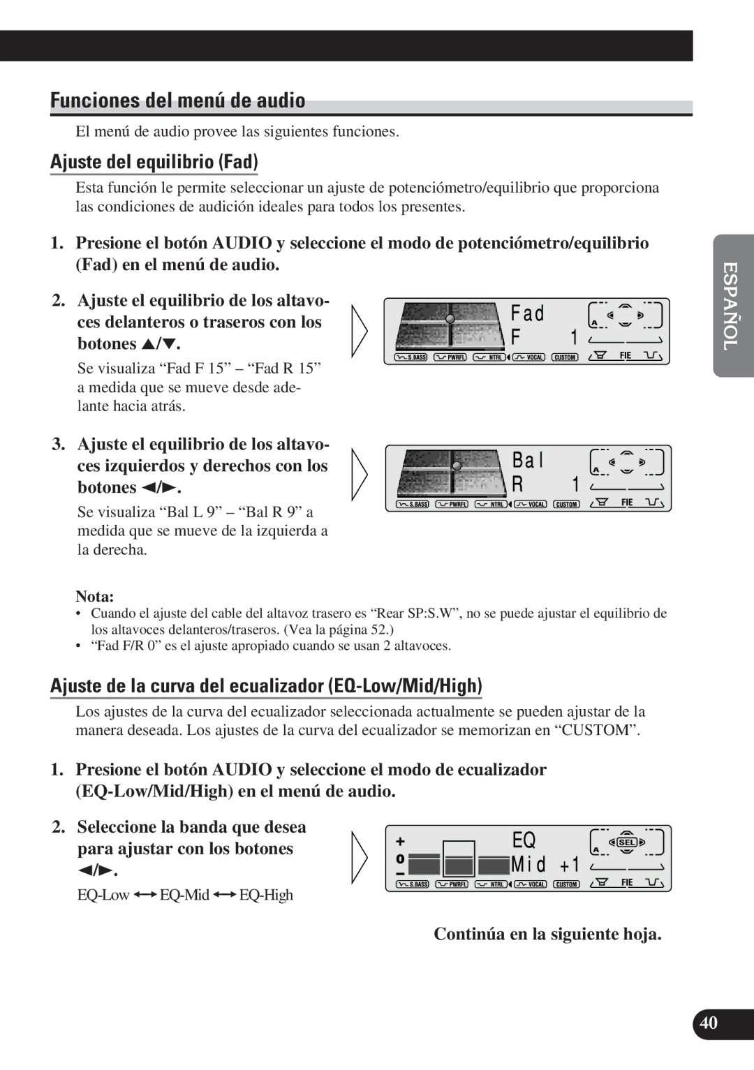 Pioneer DEH-P6100R, DEH-P7100R operation manual Funciones del menú de audio, Ajuste del equilibrio Fad 