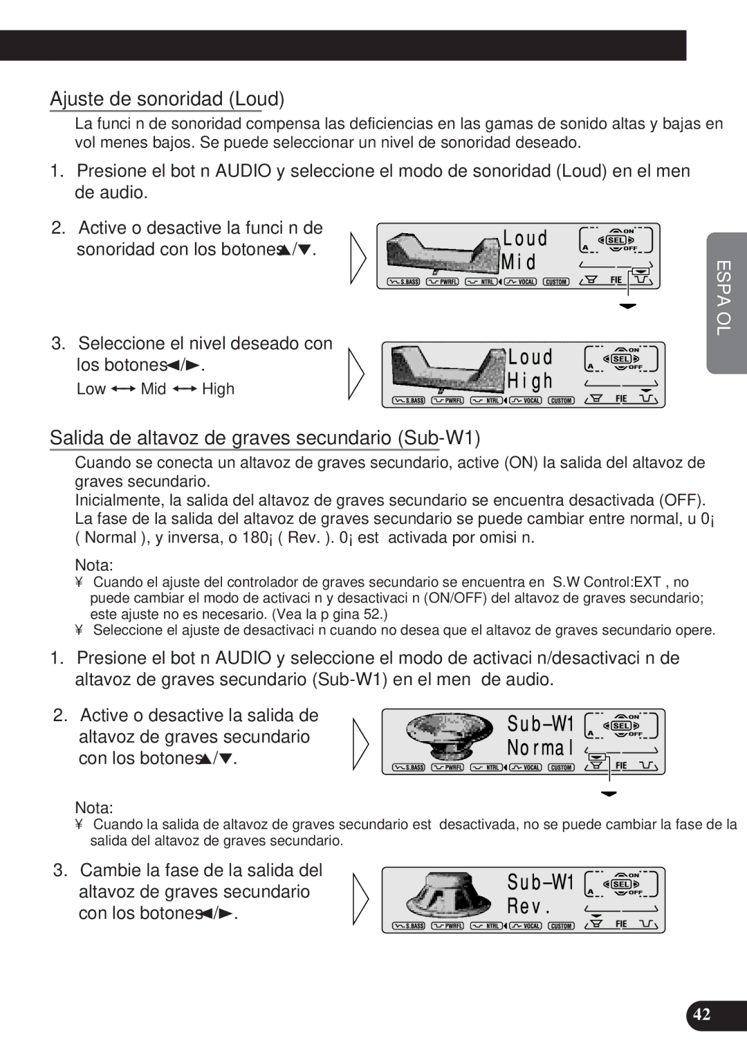 Pioneer DEH-P6100R, DEH-P7100R operation manual Ajuste de sonoridad Loud, Salida de altavoz de graves secundario Sub-W1 