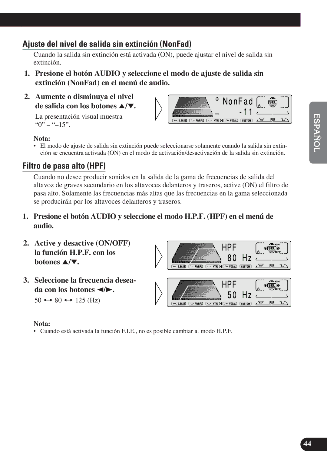 Pioneer DEH-P6100R, DEH-P7100R operation manual Ajuste del nivel de salida sin extinción NonFad, Filtro de pasa alto HPF 