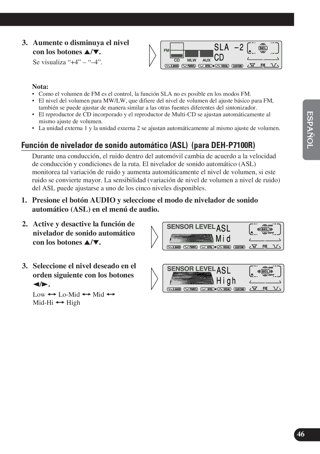 Pioneer DEH-P6100R, DEH-P7100R operation manual Aumente o disminuya el nivel con los botones 