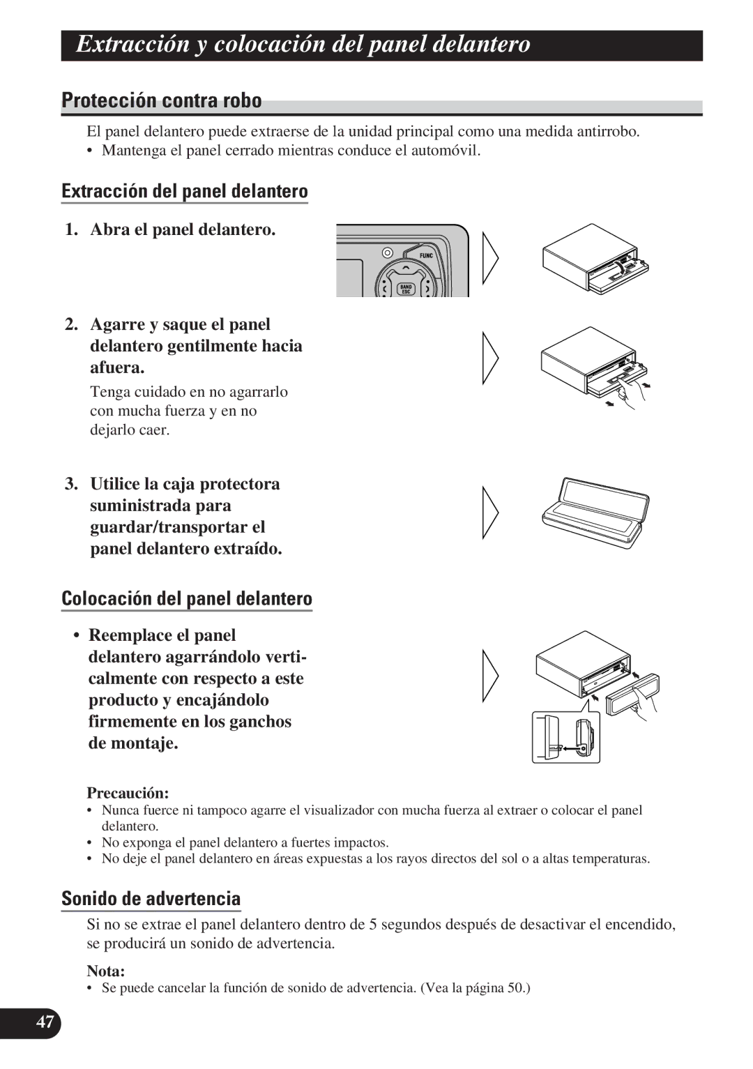 Pioneer DEH-P7100R Extracción y colocación del panel delantero, Protección contra robo, Extracción del panel delantero 