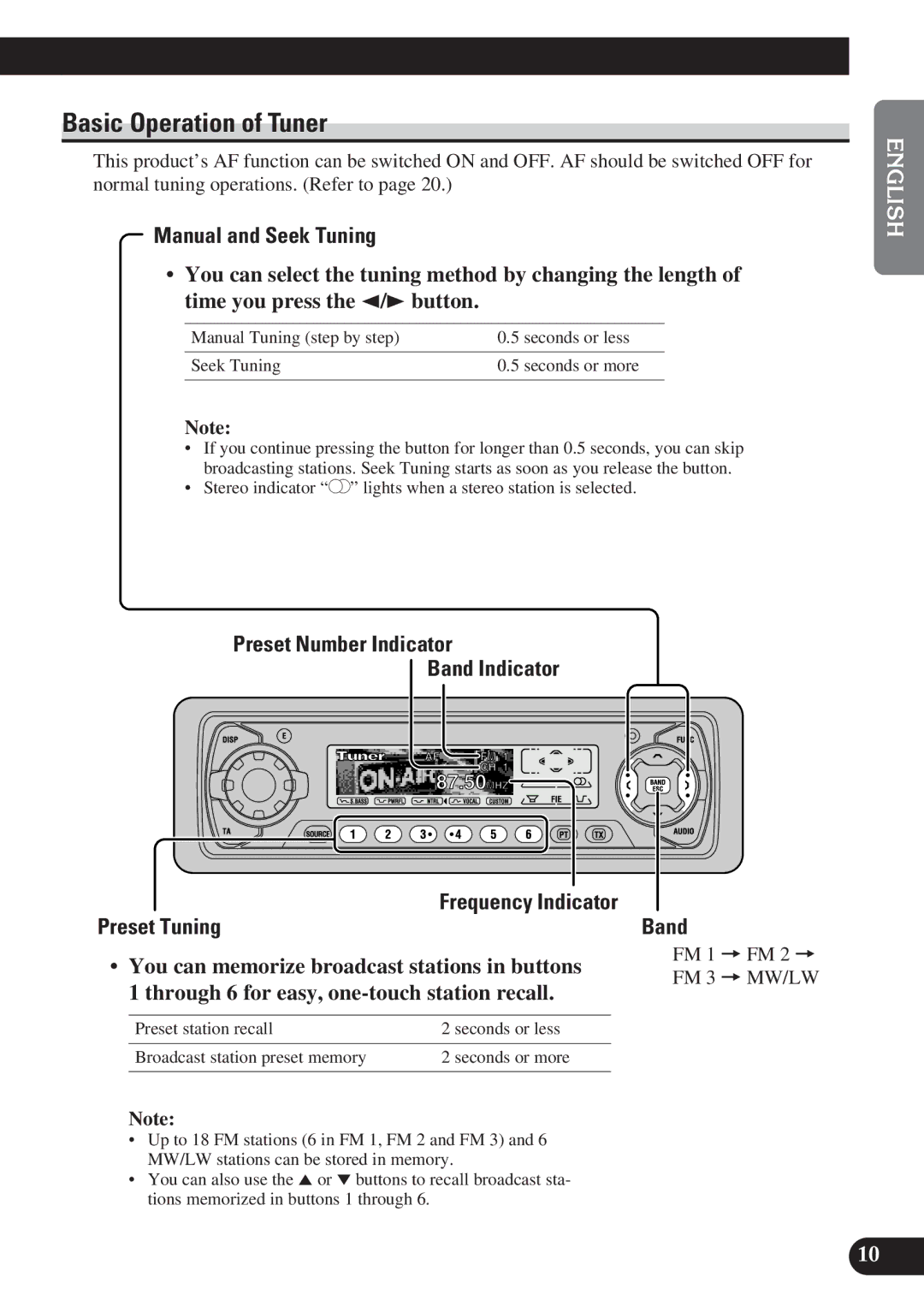 Pioneer DEH-P6100R Basic Operation of Tuner, Manual and Seek Tuning, Preset Number Indicator Band Indicator, Preset Tuning 