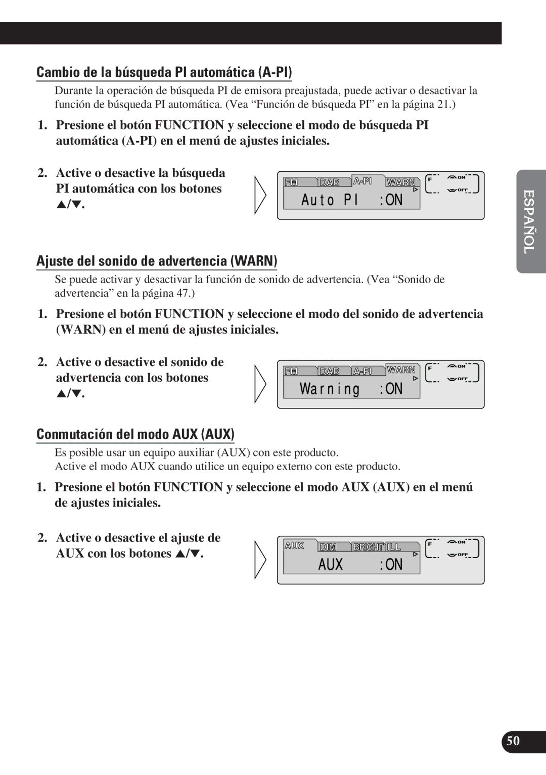 Pioneer DEH-P6100R, DEH-P7100R Cambio de la búsqueda PI automática A-PI, Ajuste del sonido de advertencia Warn 