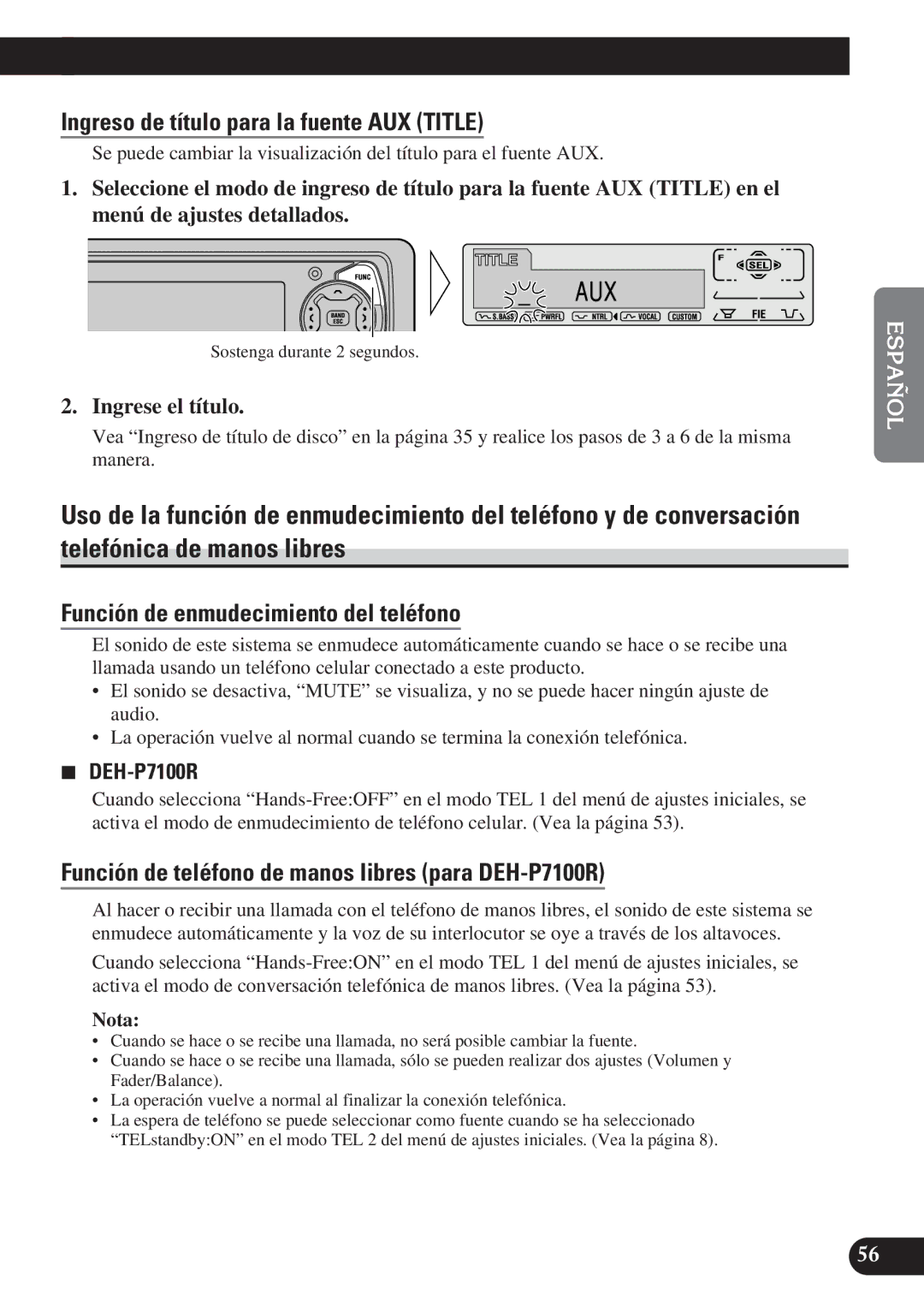 Pioneer DEH-P6100R Ingreso de título para la fuente AUX Title, Función de enmudecimiento del teléfono, Ingrese el título 