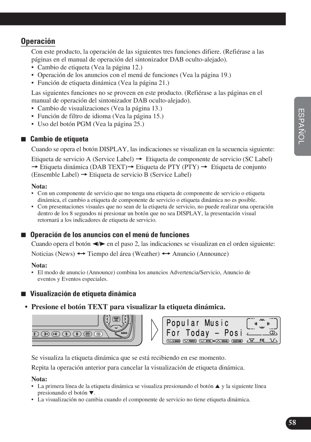 Pioneer DEH-P6100R, DEH-P7100R operation manual Cambio de etiqueta, Operación de los anuncios con el menú de funciones 