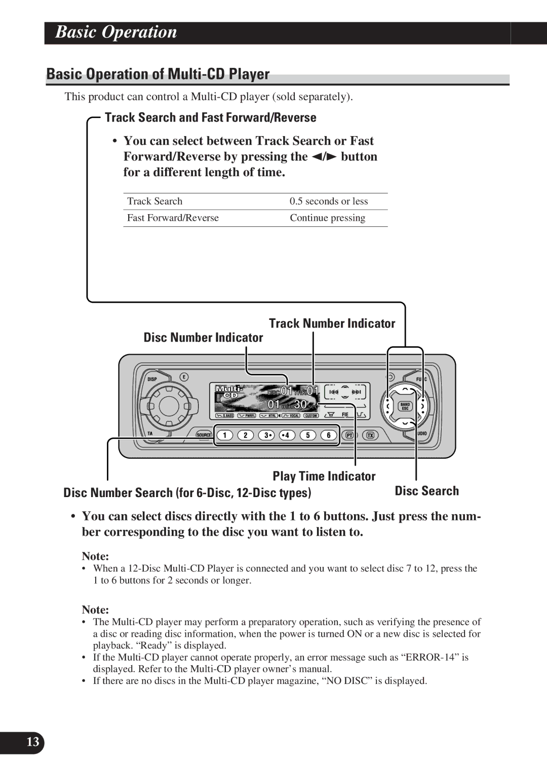 Pioneer DEH-P7100R, DEH-P6100R Basic Operation of Multi-CD Player, Disc Number Search for 6-Disc, 12-Disc types 