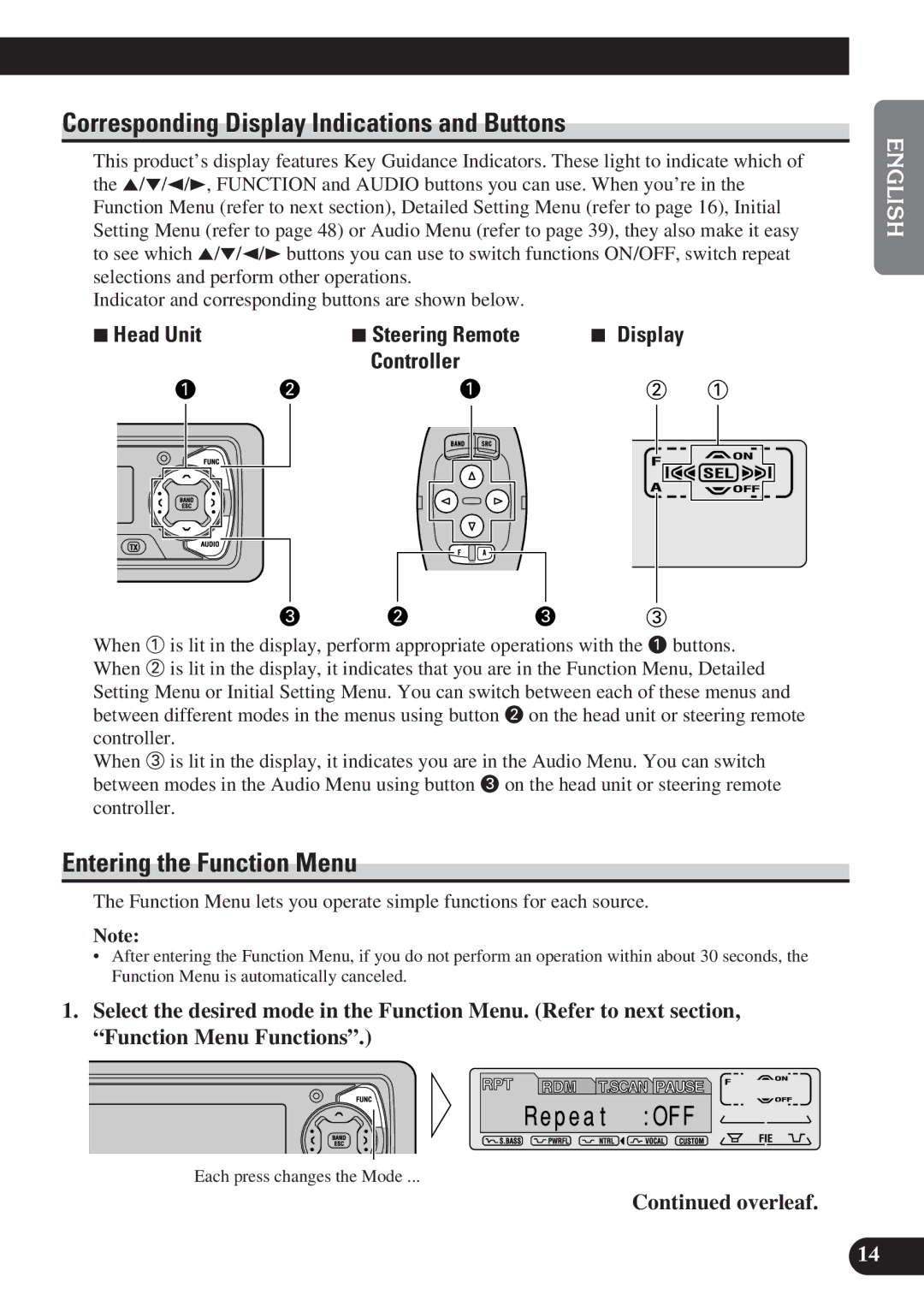 Pioneer DEH-P6100R, DEH-P7100R Corresponding Display Indications and Buttons, Entering the Function Menu, 7Head Unit 