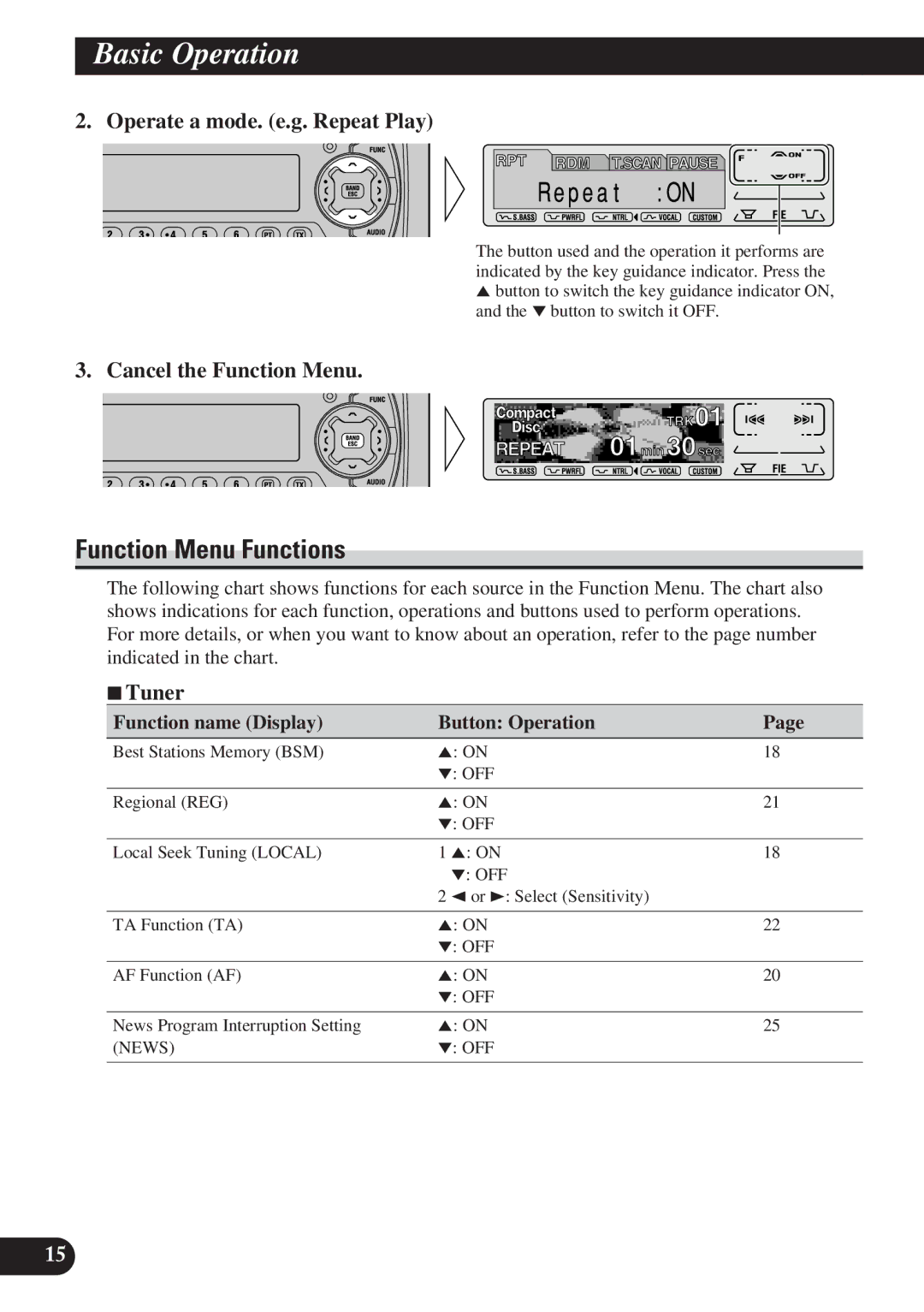 Pioneer DEH-P7100R, DEH-P6100R Function Menu Functions, Operate a mode. e.g. Repeat Play, Cancel the Function Menu, 7Tuner 