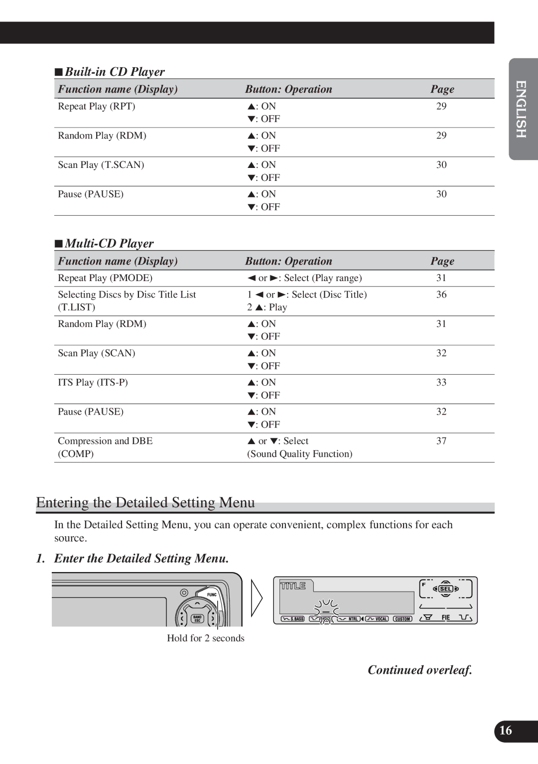 Pioneer DEH-P6100R, DEH-P7100R operation manual Entering the Detailed Setting Menu, 7Built-in CD Player, 7Multi-CD Player 