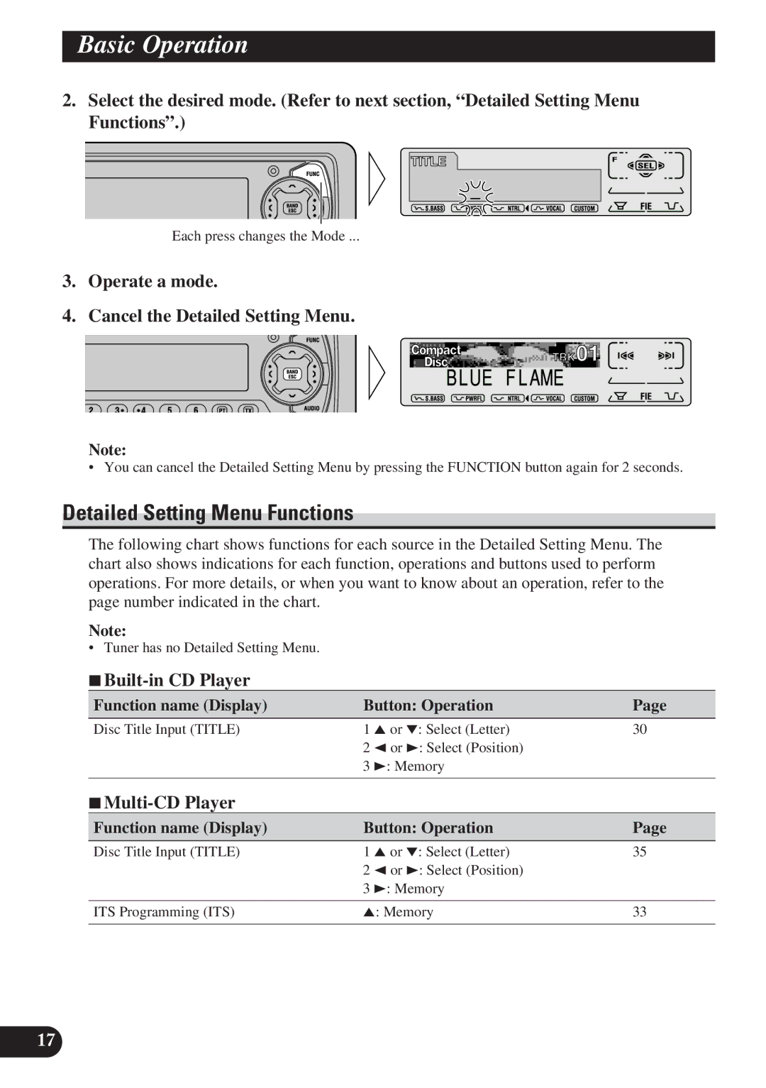 Pioneer DEH-P7100R, DEH-P6100R Detailed Setting Menu Functions, Operate a mode Cancel the Detailed Setting Menu 