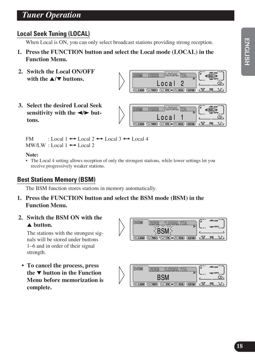 Pioneer DEH-P6100R, DEH-P7100R operation manual Tuner Operation, Local Seek Tuning Local, Best Stations Memory BSM 