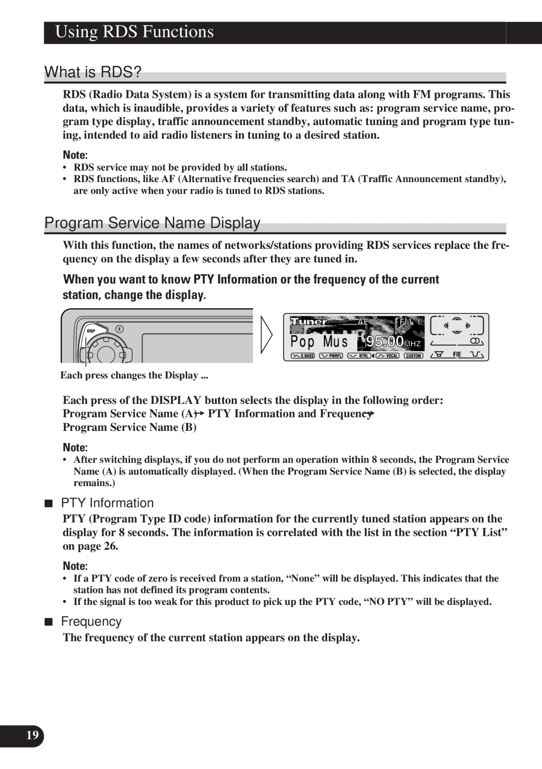 Pioneer DEH-P7100R, DEH-P6100R Using RDS Functions, What is RDS?, Program Service Name Display, PTY Information, Frequency 