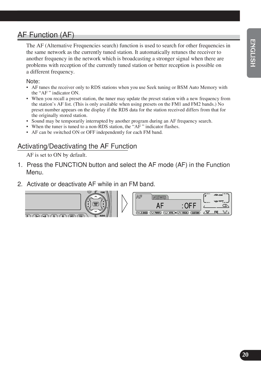 Pioneer DEH-P6100R, DEH-P7100R operation manual AF Function AF, Activating/Deactivating the AF Function 