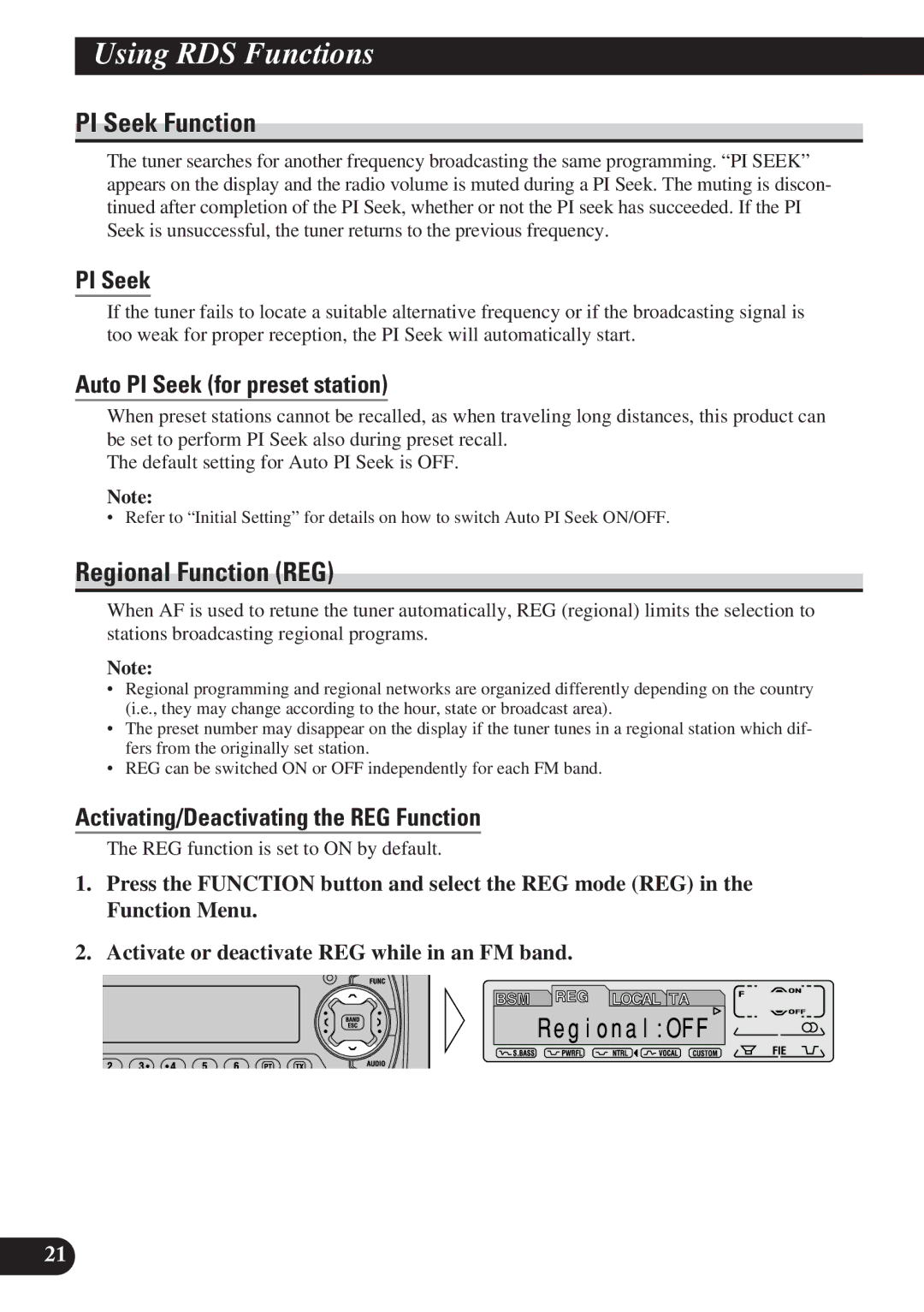 Pioneer DEH-P7100R, DEH-P6100R operation manual PI Seek Function, Regional Function REG, Auto PI Seek for preset station 