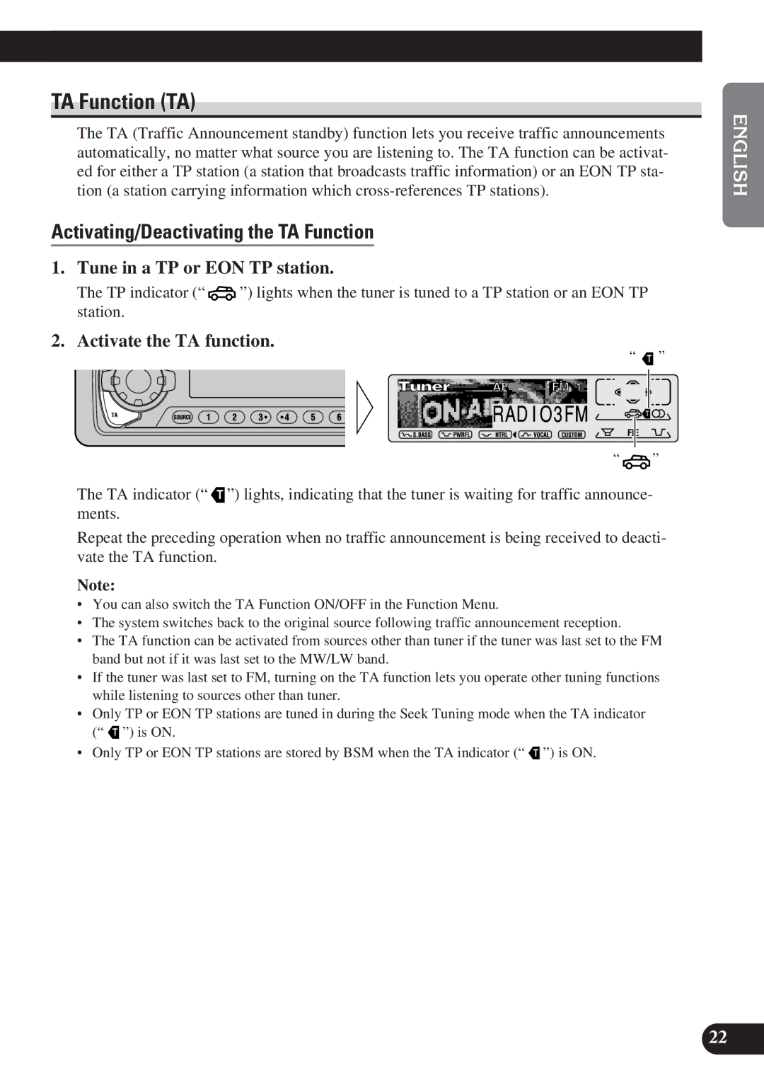 Pioneer DEH-P6100R, DEH-P7100R TA Function TA, Activating/Deactivating the TA Function, Tune in a TP or EON TP station 