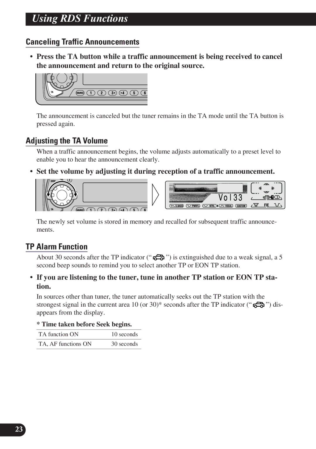 Pioneer DEH-P7100R, DEH-P6100R operation manual Canceling Traffic Announcements, Adjusting the TA Volume, TP Alarm Function 