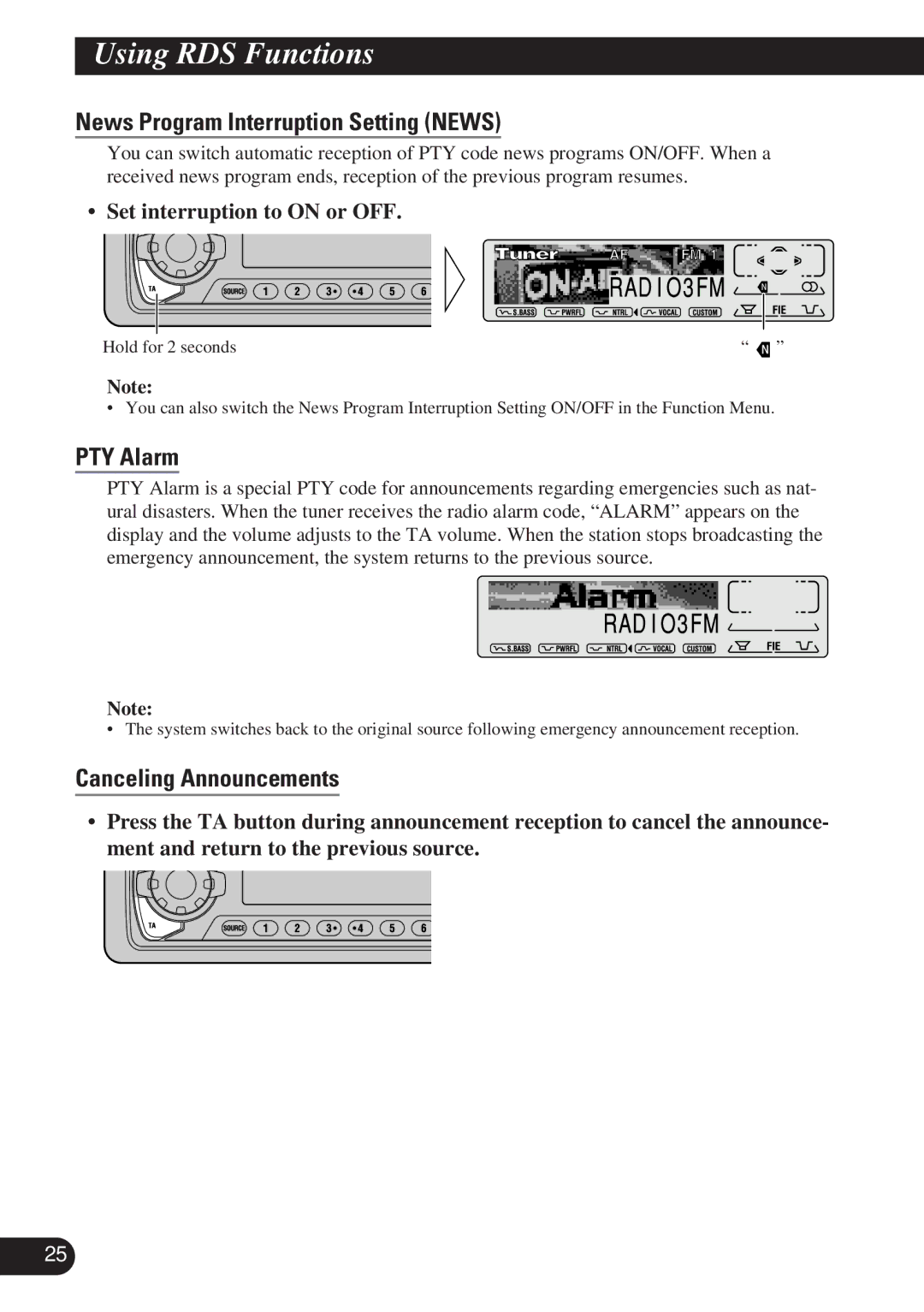 Pioneer DEH-P7100R, DEH-P6100R operation manual News Program Interruption Setting News, PTY Alarm, Canceling Announcements 