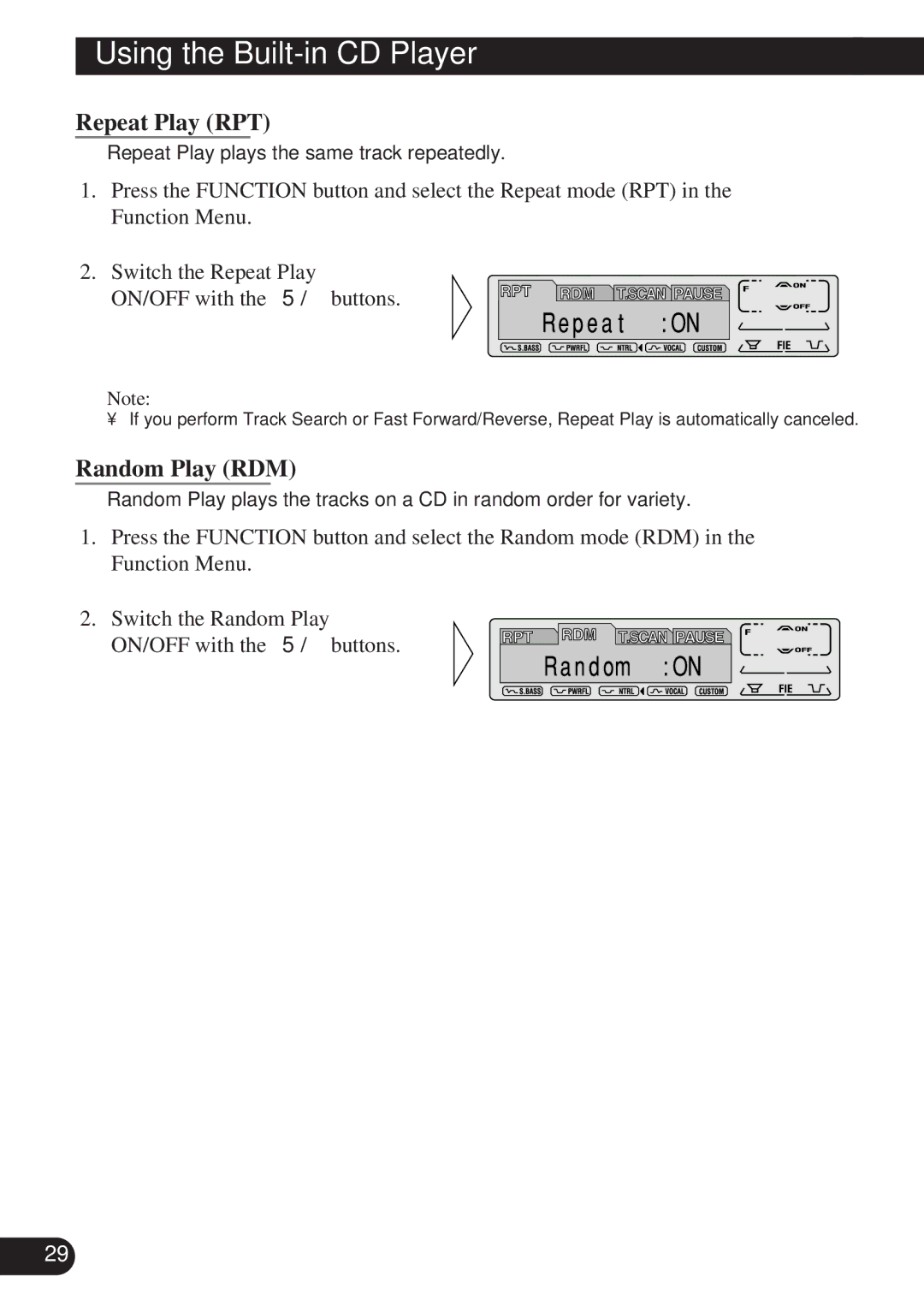 Pioneer DEH-P7100R, DEH-P6100R operation manual Using the Built-in CD Player, Repeat Play RPT, Random Play RDM 