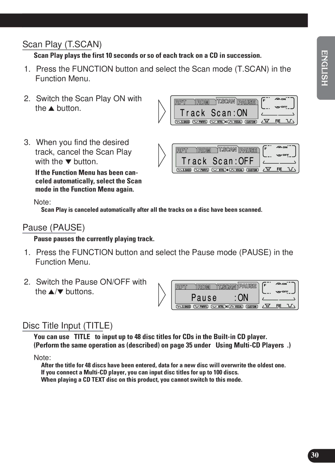 Pioneer DEH-P6100R, DEH-P7100R operation manual Scan Play T.SCAN, Pause Pause, Disc Title Input Title 