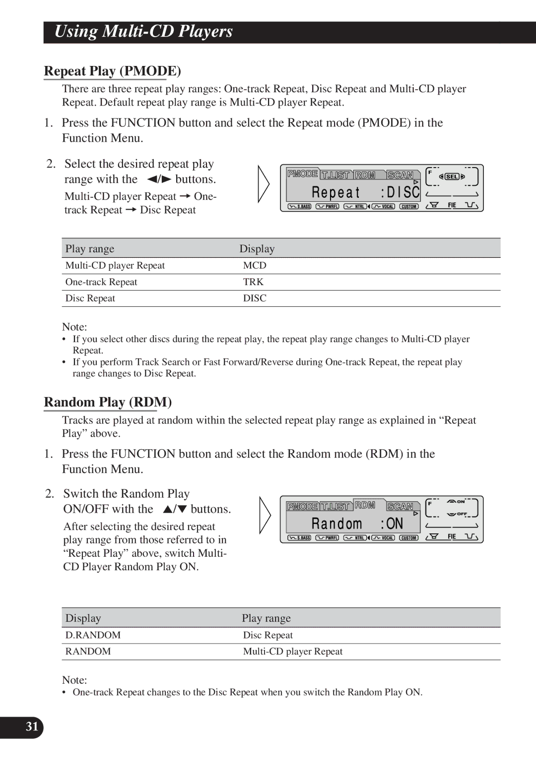 Pioneer DEH-P7100R, DEH-P6100R Using Multi-CD Players, Repeat Play Pmode, Play range Display, Display Play range 