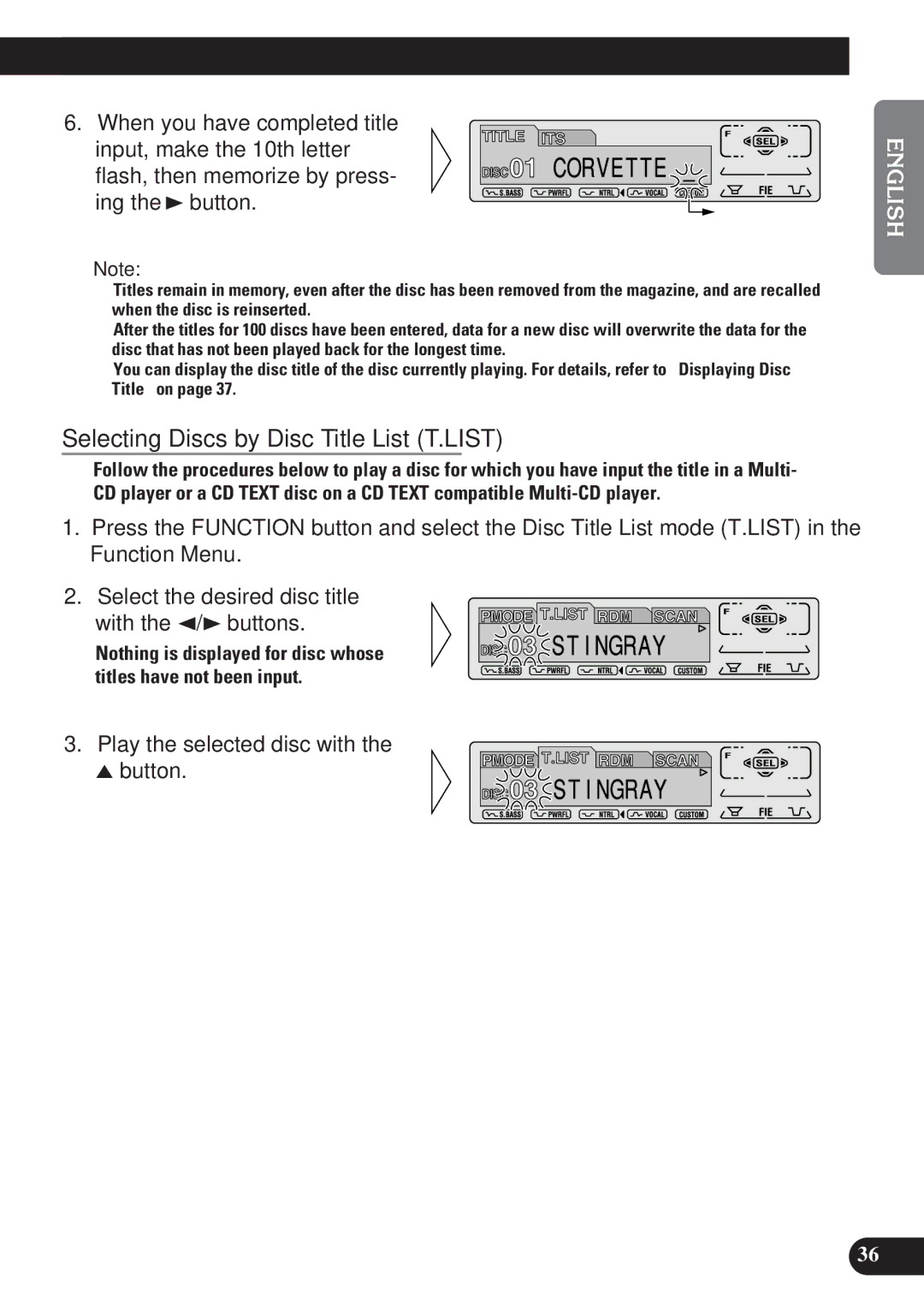 Pioneer DEH-P6100R, DEH-P7100R Selecting Discs by Disc Title List T.LIST, Play the selected disc with Button 