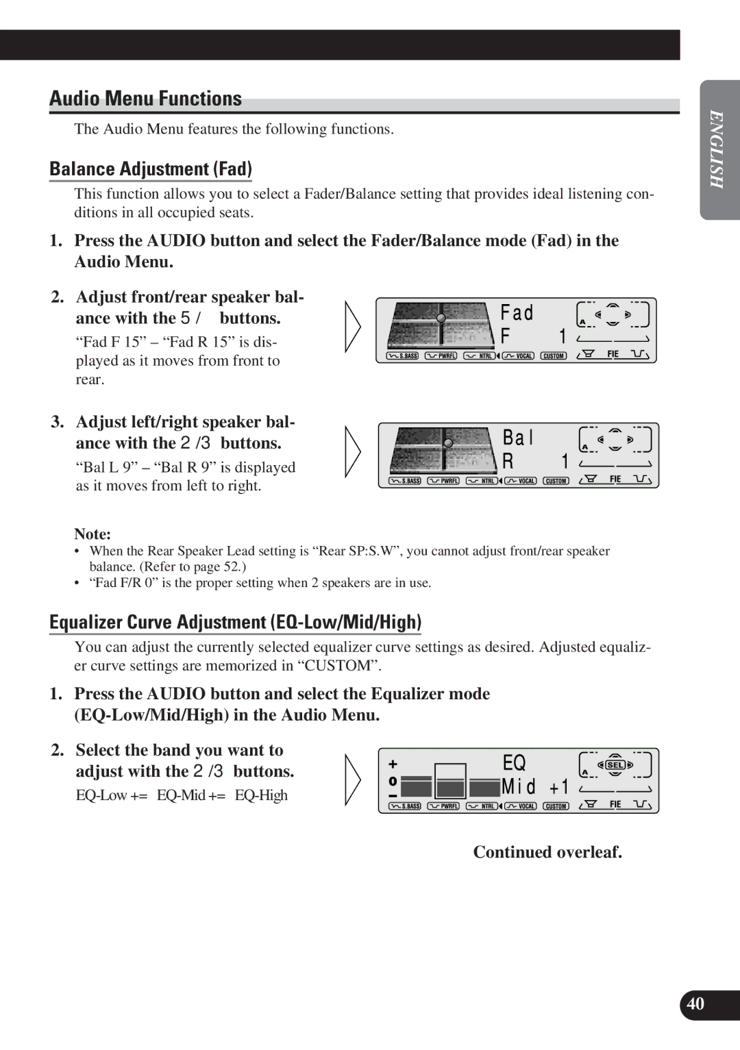 Pioneer DEH-P6100R, DEH-P7100R Audio Menu Functions, Balance Adjustment Fad, Equalizer Curve Adjustment EQ-Low/Mid/High 