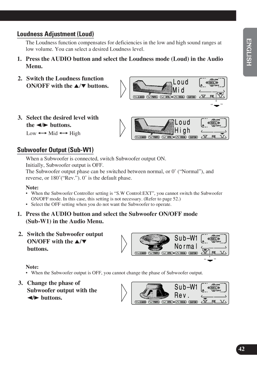 Pioneer DEH-P6100R, DEH-P7100R operation manual Loudness Adjustment Loud, Subwoofer Output Sub-W1 