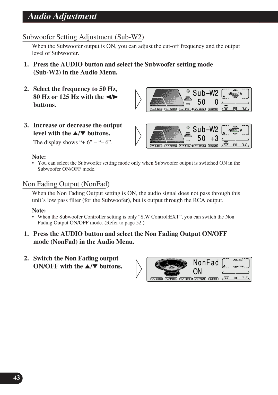 Pioneer DEH-P7100R, DEH-P6100R operation manual Subwoofer Setting Adjustment Sub-W2, Non Fading Output NonFad 