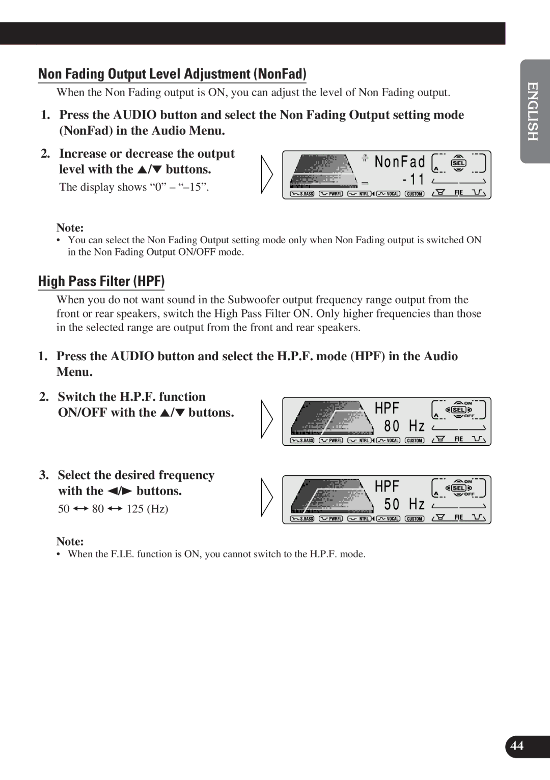 Pioneer DEH-P6100R, DEH-P7100R operation manual Non Fading Output Level Adjustment NonFad, High Pass Filter HPF 