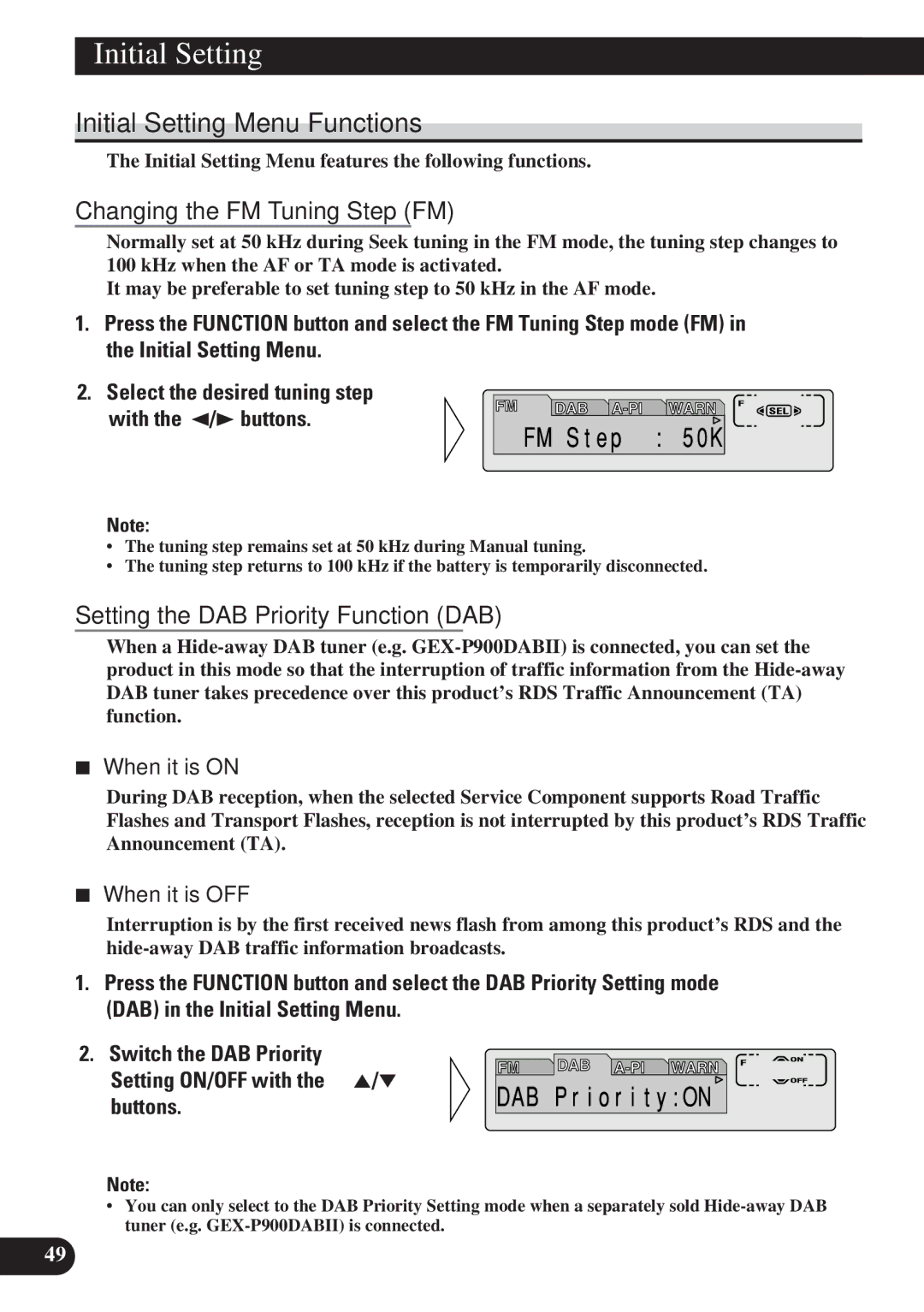 Pioneer DEH-P7100R Initial Setting Menu Functions, Changing the FM Tuning Step FM, Setting the DAB Priority Function DAB 