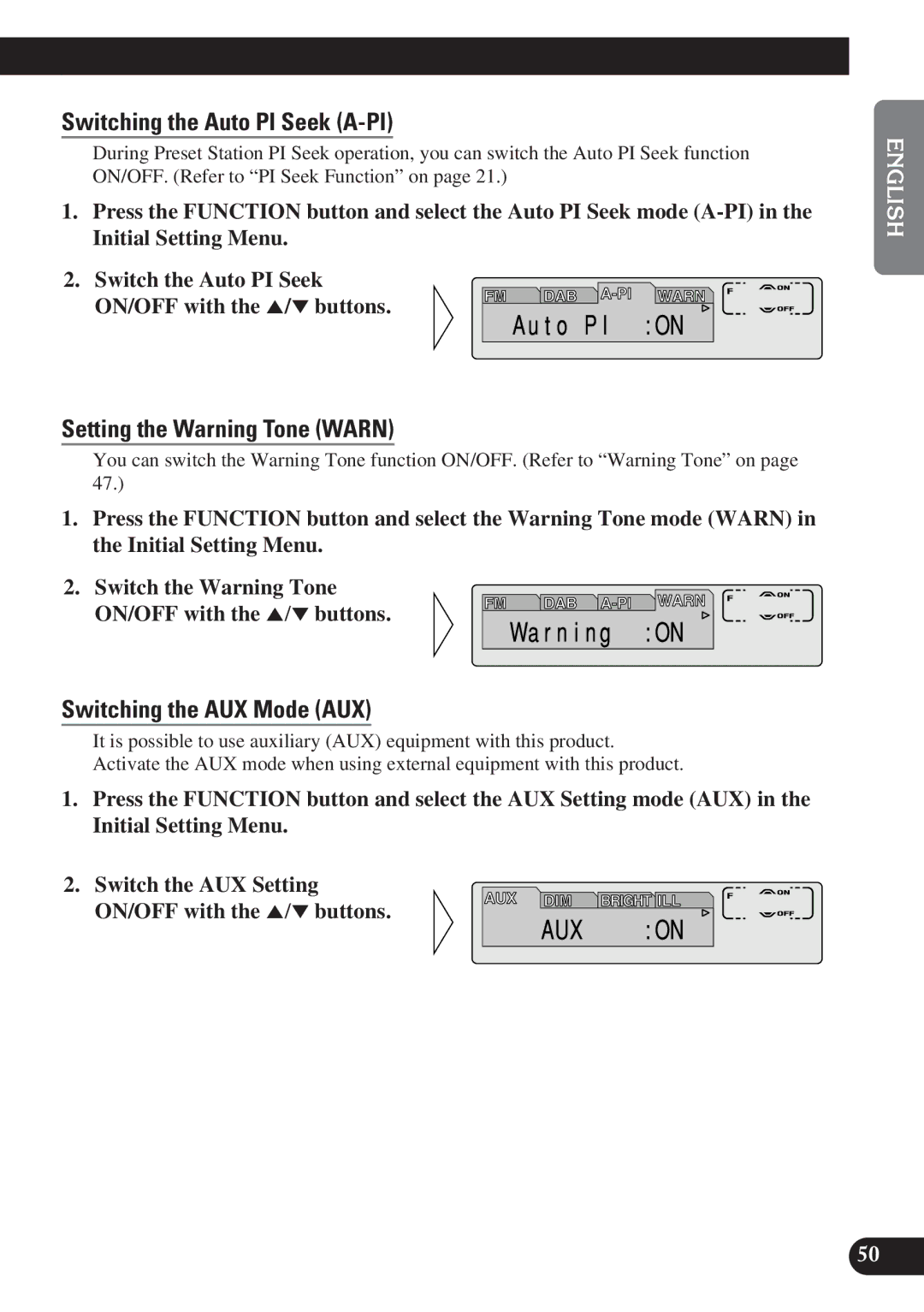 Pioneer DEH-P6100R, DEH-P7100R Switching the Auto PI Seek A-PI, Setting the Warning Tone Warn, Switching the AUX Mode AUX 