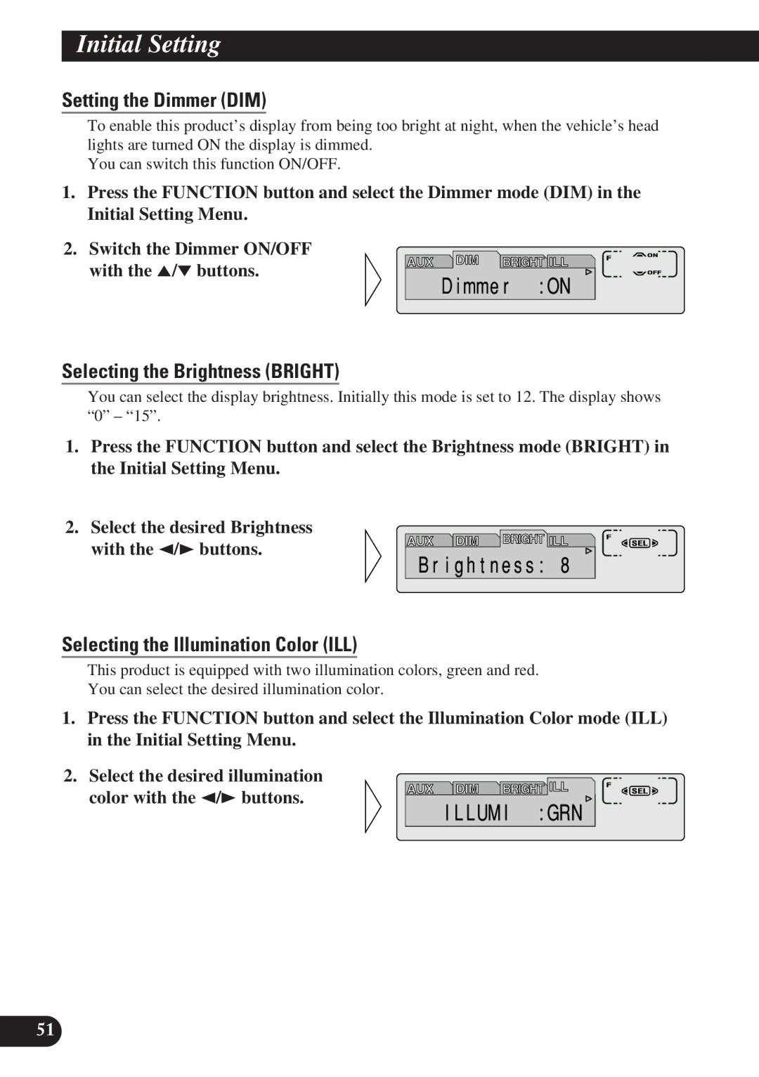 Pioneer DEH-P7100R Setting the Dimmer DIM, Selecting the Brightness Bright, Selecting the Illumination Color ILL 