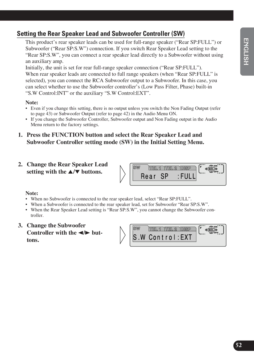 Pioneer DEH-P6100R, DEH-P7100R operation manual Setting the Rear Speaker Lead and Subwoofer Controller SW 