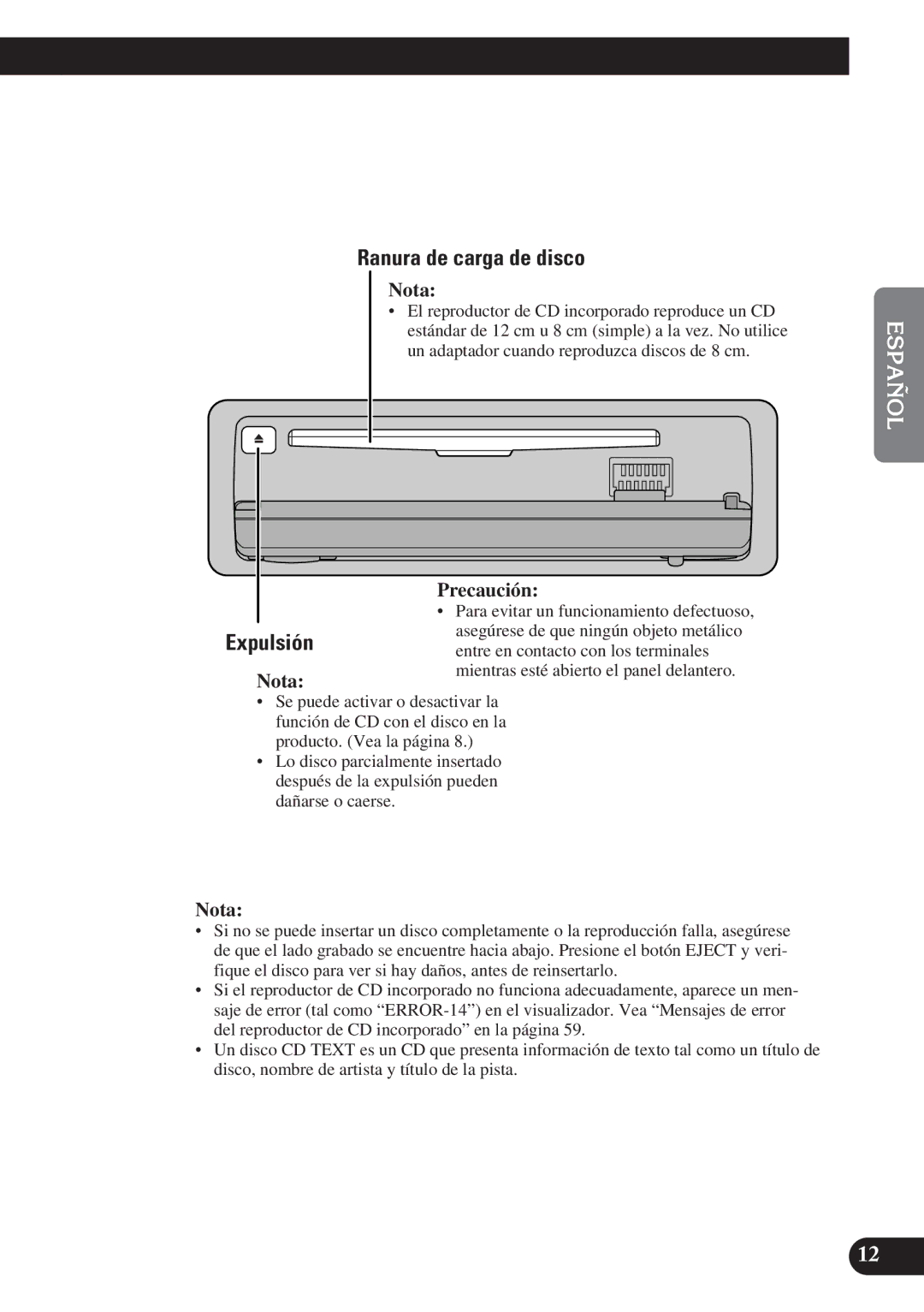 Pioneer DEH-P6100R, DEH-P7100R operation manual Ranura de carga de disco, Expulsión 