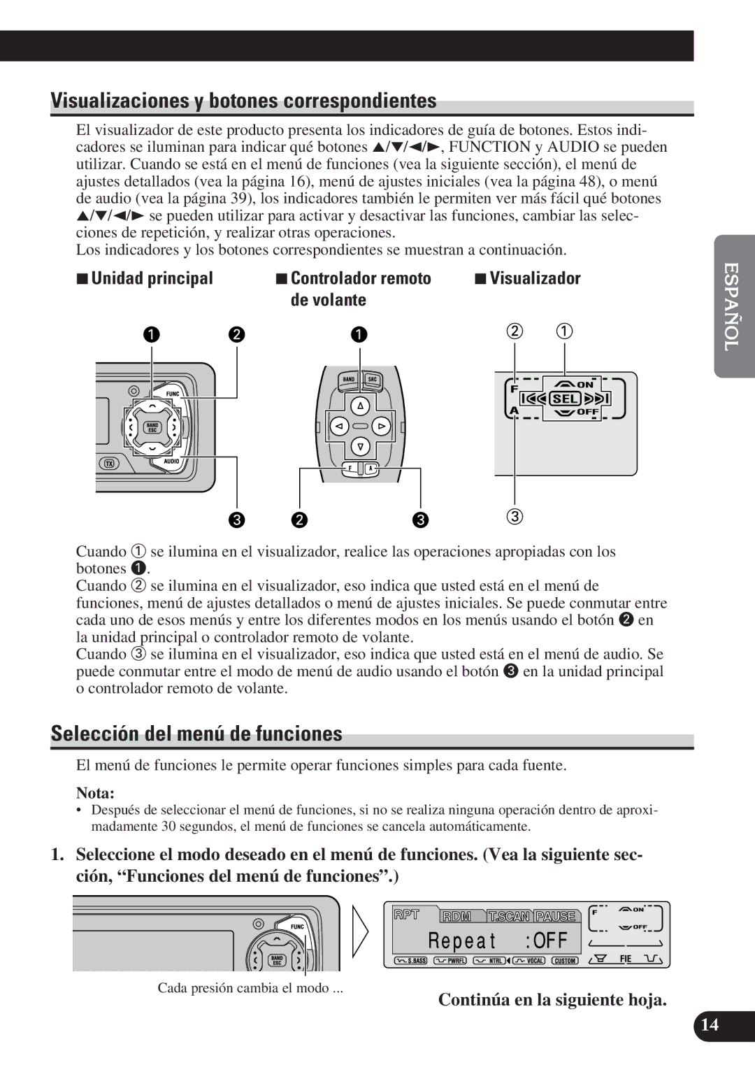 Pioneer DEH-P6100R, DEH-P7100R operation manual Visualizaciones y botones correspondientes, Selección del menú de funciones 