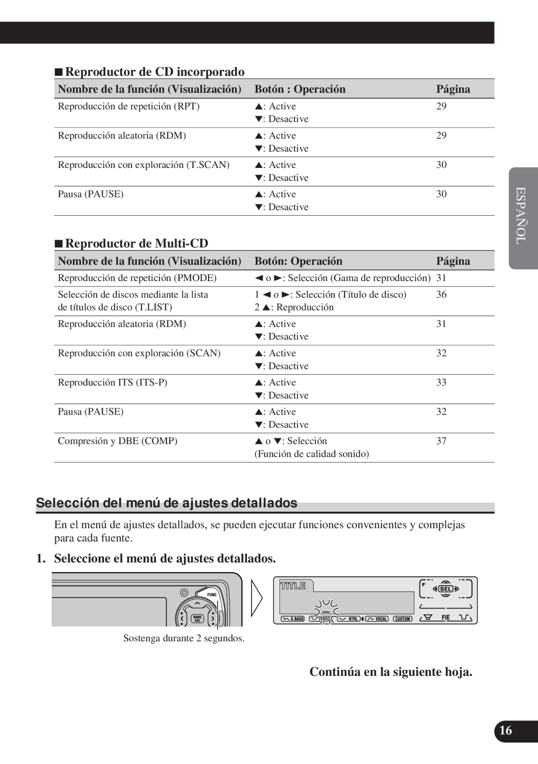 Pioneer DEH-P6100R Selección del menú de ajustes detallados, Reproductor de CD incorporado, 7Reproductor de Multi-CD 