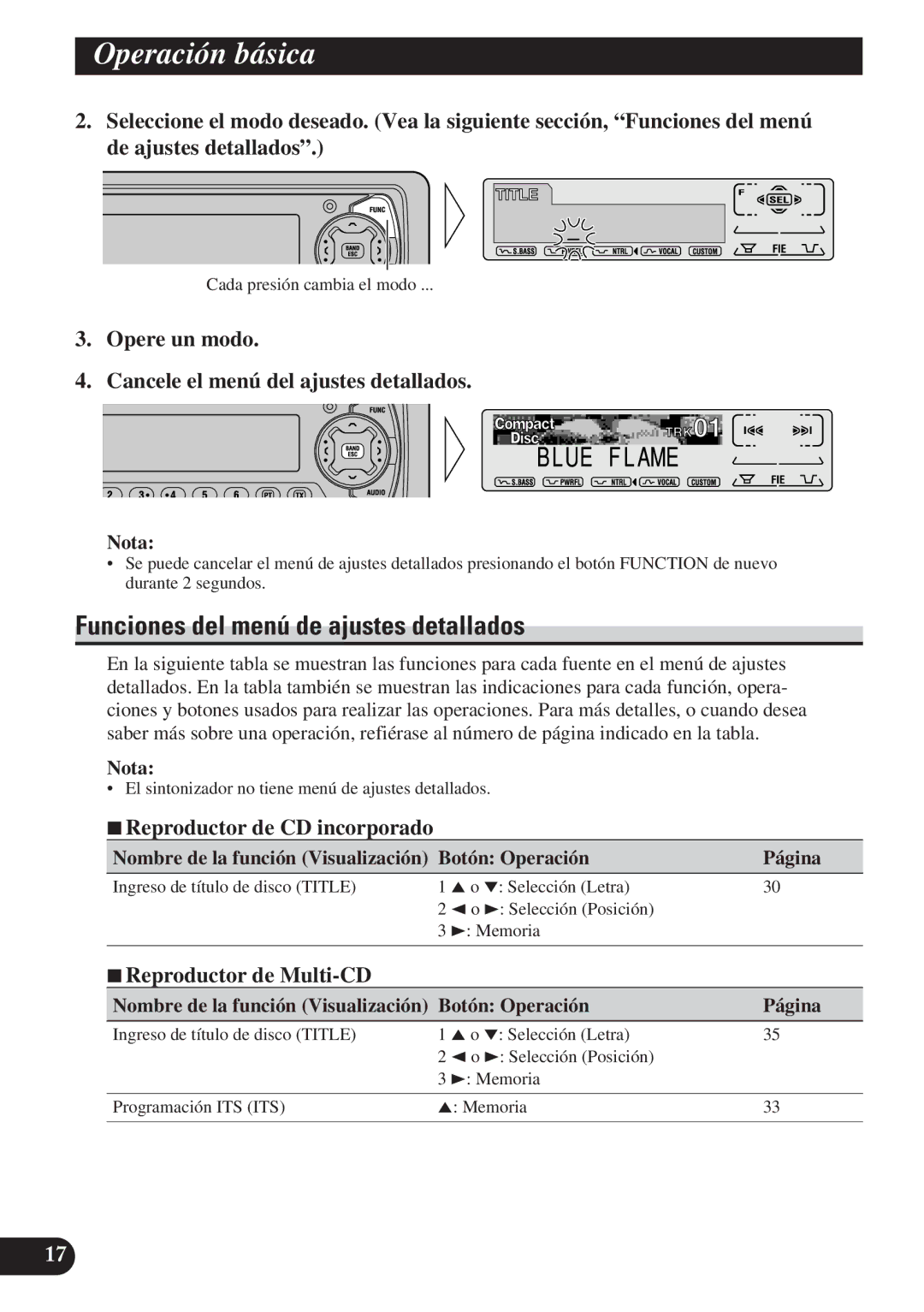 Pioneer DEH-P7100R Funciones del menú de ajustes detallados, Opere un modo Cancele el menú del ajustes detallados 