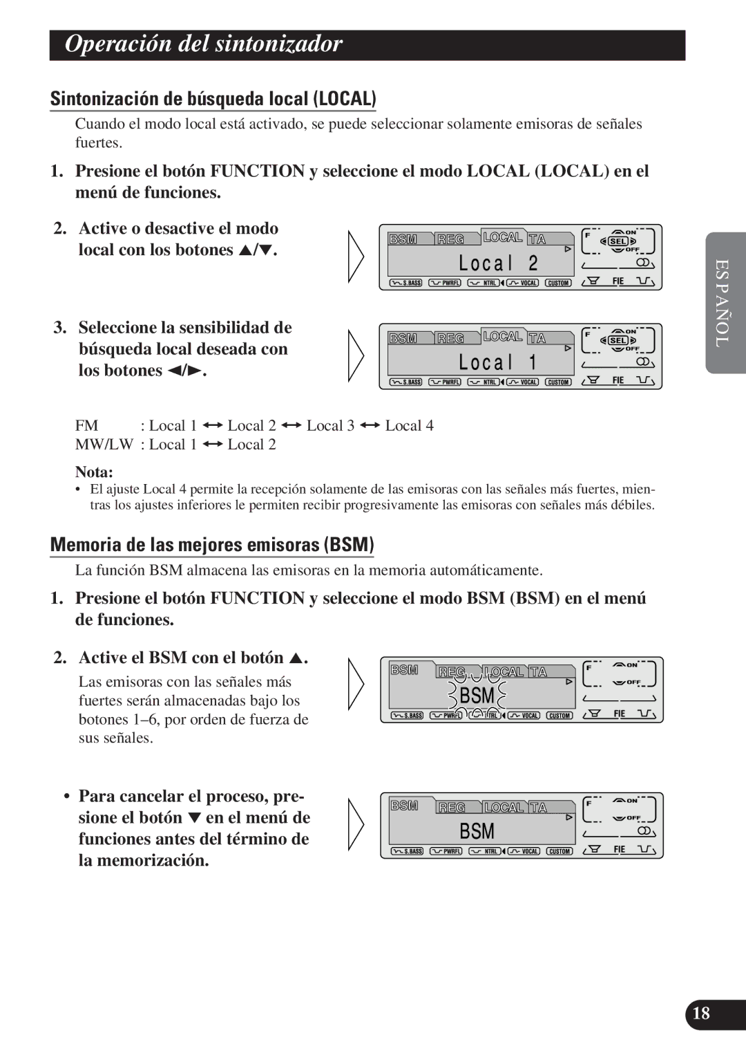 Pioneer DEH-P6100R Operación del sintonizador, Sintonización de búsqueda local Local, Memoria de las mejores emisoras BSM 