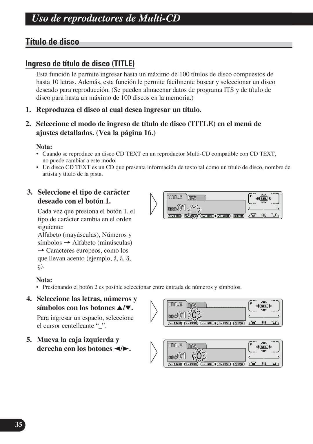 Pioneer DEH-P7100R, DEH-P6100R operation manual Título de disco, Seleccione el tipo de carácter Deseado con el botón 