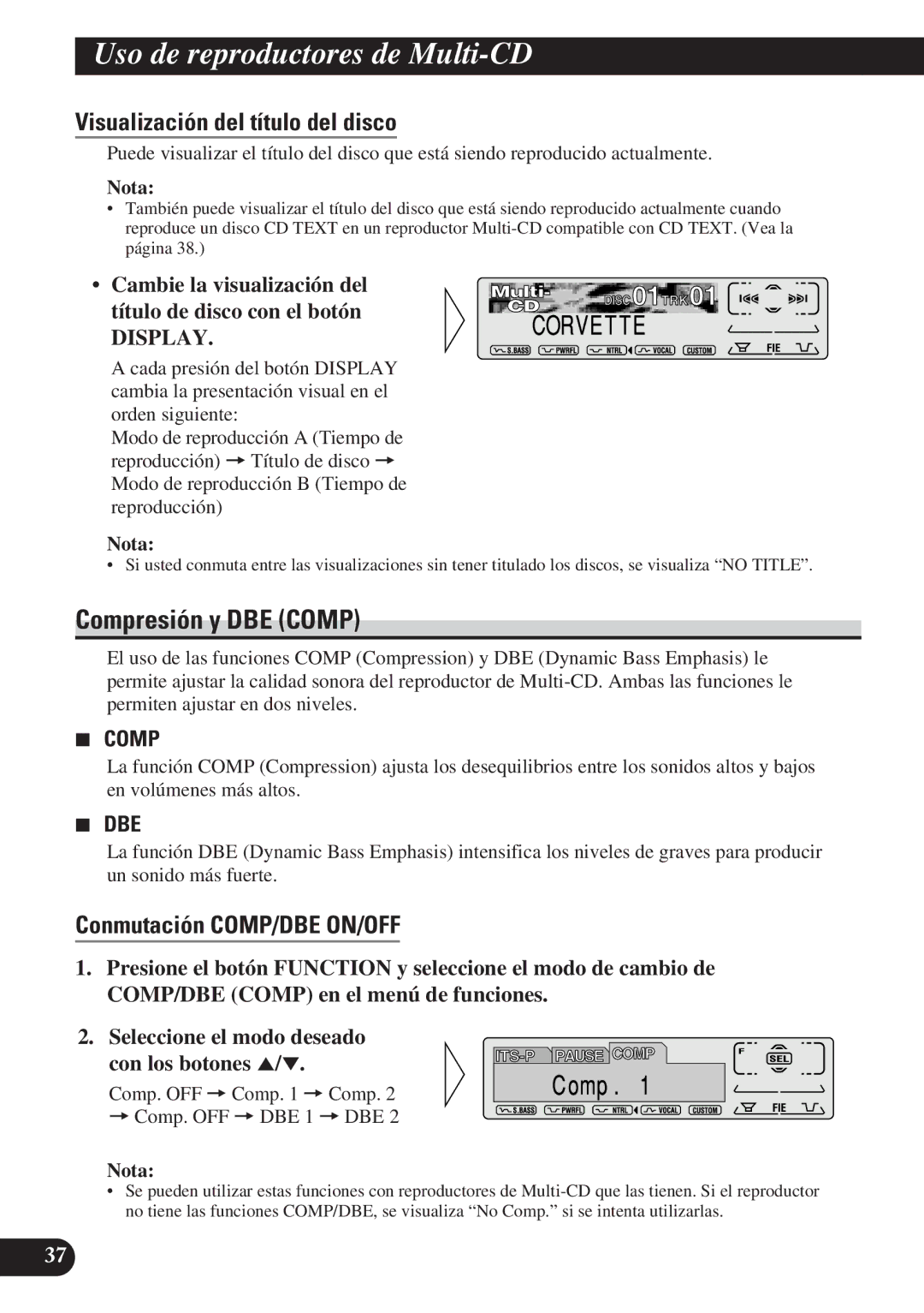 Pioneer DEH-P7100R, DEH-P6100R Compresión y DBE Comp, Visualización del título del disco, Conmutación COMP/DBE ON/OFF 