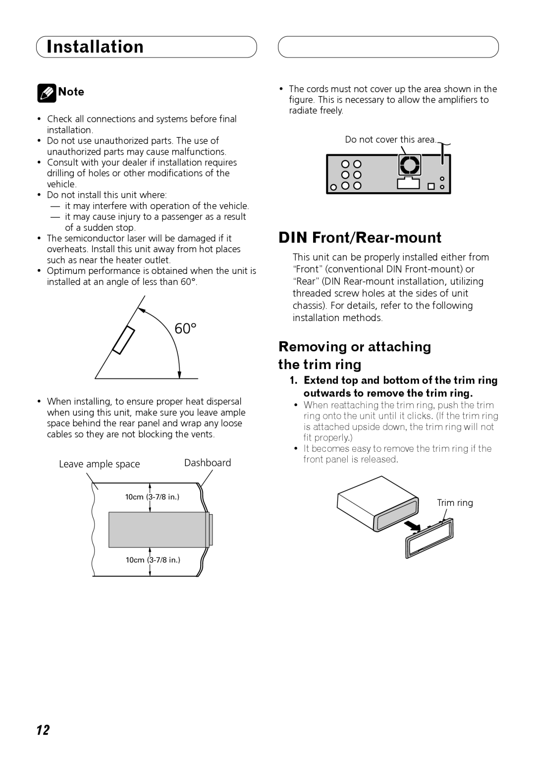 Pioneer DEH-P710BT installation manual DIN Front/Rear-mount, Removing or attaching the trim ring, Leave ample space 